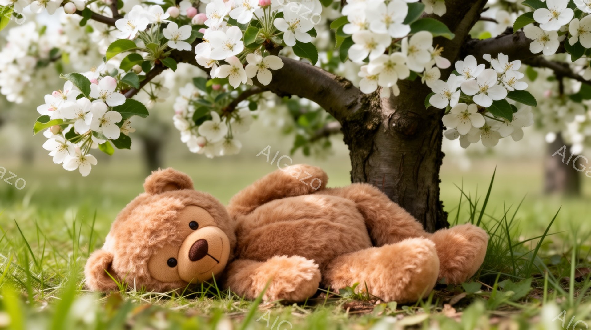 緑の草の上にテディベアが横たわっており、背景には桜の木があります。ピンクと白の花が咲き誇り、柔らかく優しい雰囲気を醸し出しています。春の穏やかな日差しが降り注ぎ、リラックスした心地よい空間を演出してい - AI生成フリー素材
