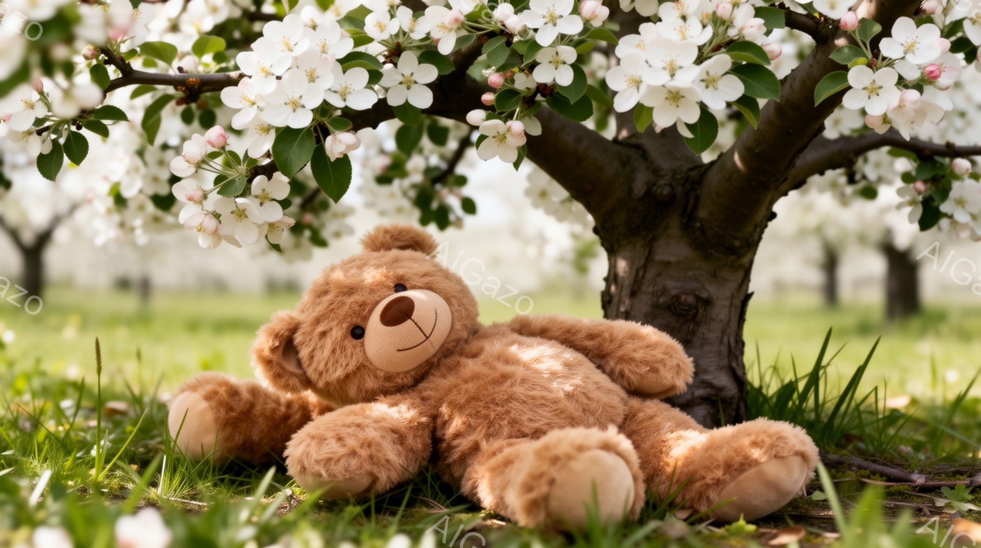 緑の草の上に座っている茶色のテディベアが写っています。背景には、桜が咲き誇る木があり、暖かく穏やかな春の雰囲気を醸し出しています。テディベアはリラックスしたポーズで、のどかな風景の中に溶け込んでいます - AI生成フリー素材