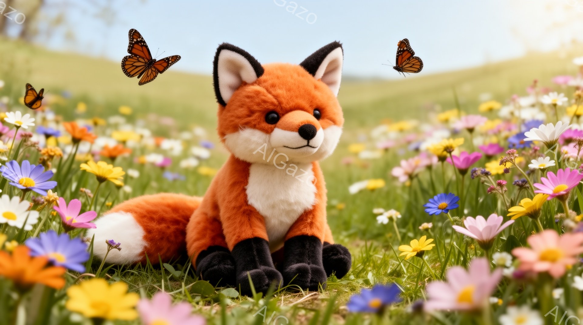 鮮やかな野花が咲き乱れる草原に、オレンジ色のキツネのぬいぐるみがお座りしています。周りには黄色や白、紫色の花々が咲き、空には２匹の蝶が舞っています。暖かく穏やかな雰囲気で、春の日の自然の美しさを感じさ - AI生成フリー素材