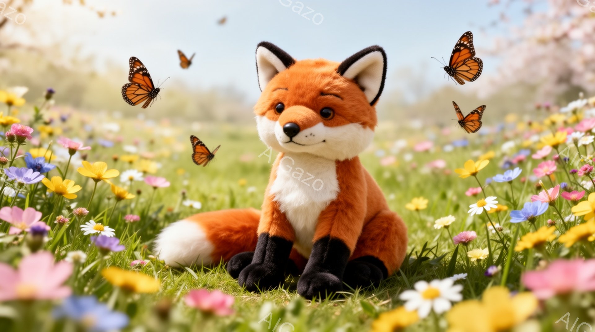 明るい草原で、オレンジ色のキツネが座っている。周囲には様々な色の花が咲き乱れ、数匹の蝶が舞っている。春らしい暖かく穏やかな雰囲気の画像だ。 - AI生成フリー素材