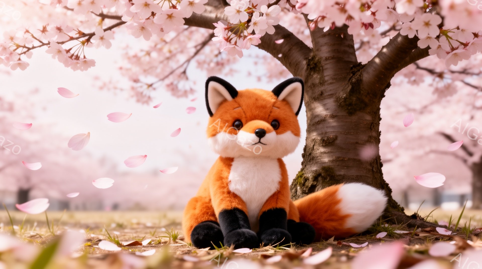 明るい春の日に、桜の木の下に座っているキツネのぬいぐるみです。ふわふわの毛並みと愛らしい表情が特徴的で、桜の花びらが舞い散る中で、穏やかな雰囲気を醸し出しています。背景には桜並木が広がり、春の暖かさを - AI生成フリー素材