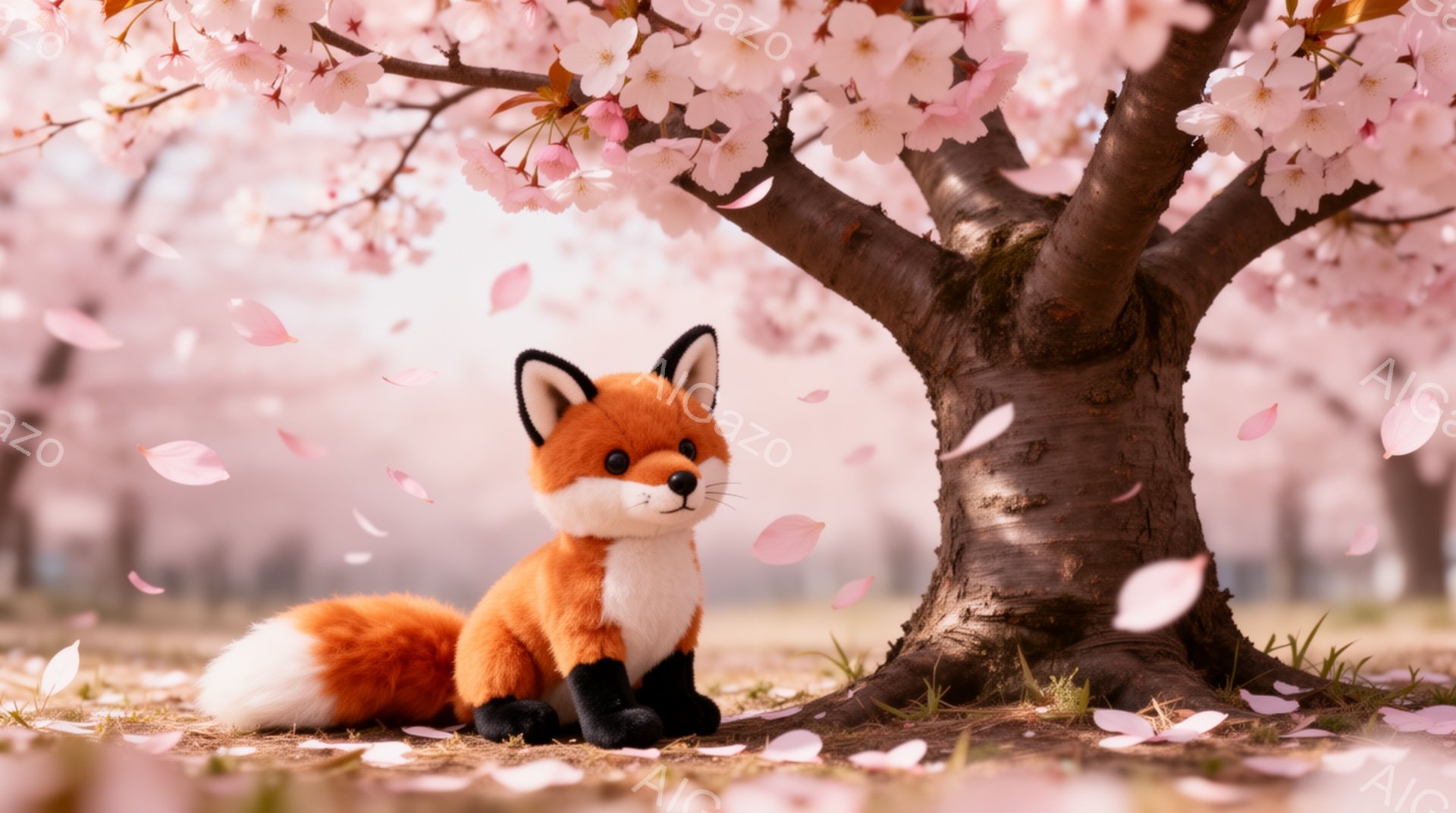 明るいピンク色の桜の花びらが舞い散る中、オレンジ色の毛並みのキツネが地面に座っています。背景には桜の木がそびえ立ち、春の暖かく穏やかな雰囲気を醸し出しています。キツネは前足を揃えて座り、静かに春の景色 - AI生成フリー素材