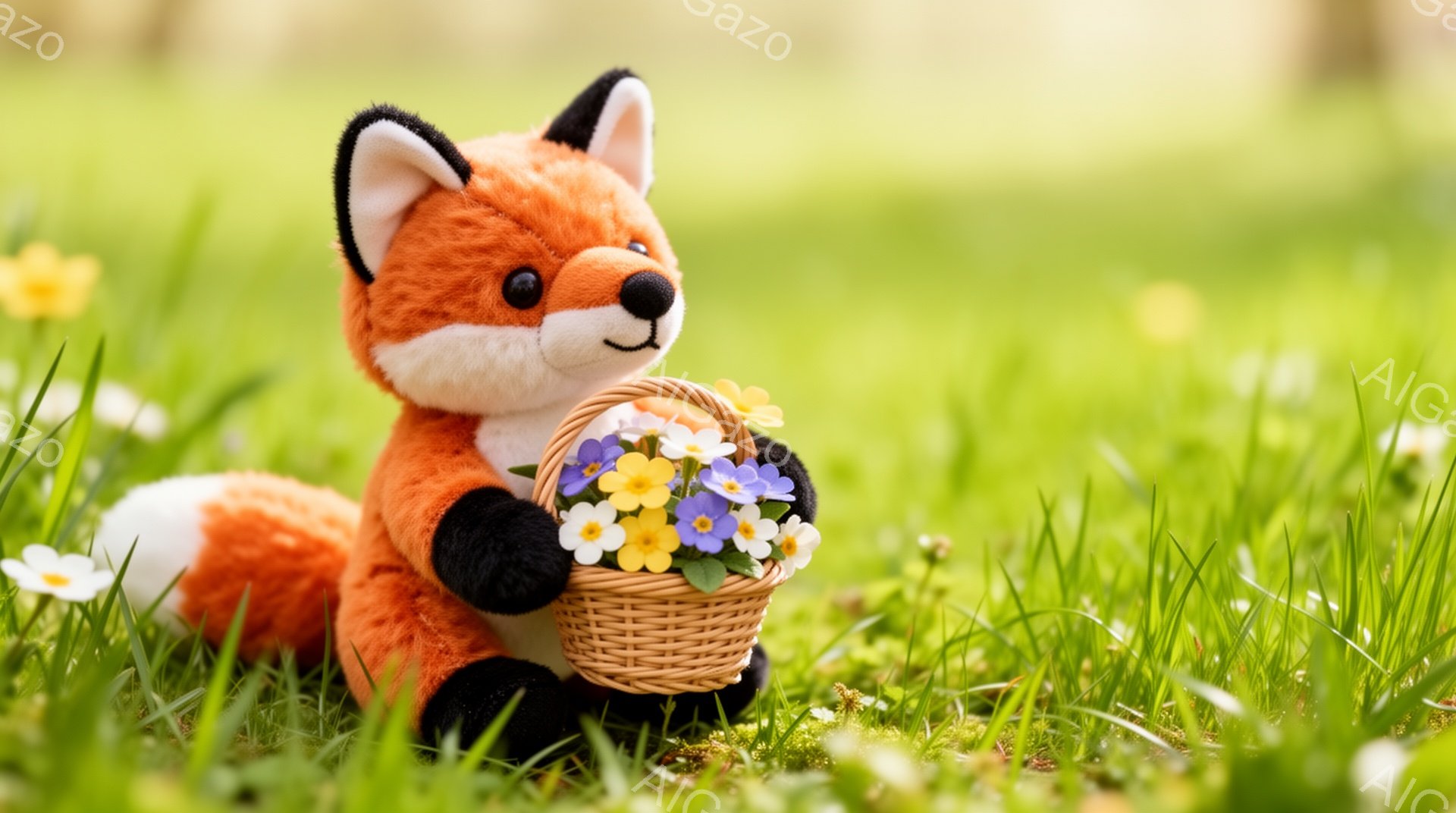 明るい緑の草の上で、オレンジ色の狐のぬいぐるみがお座りしています。片手には黄色と紫の花が盛られた小さなバスケットを持っています。背景はぼやけた緑色で、春らしい暖かく穏やかな雰囲気です。 - AI生成フリー素材