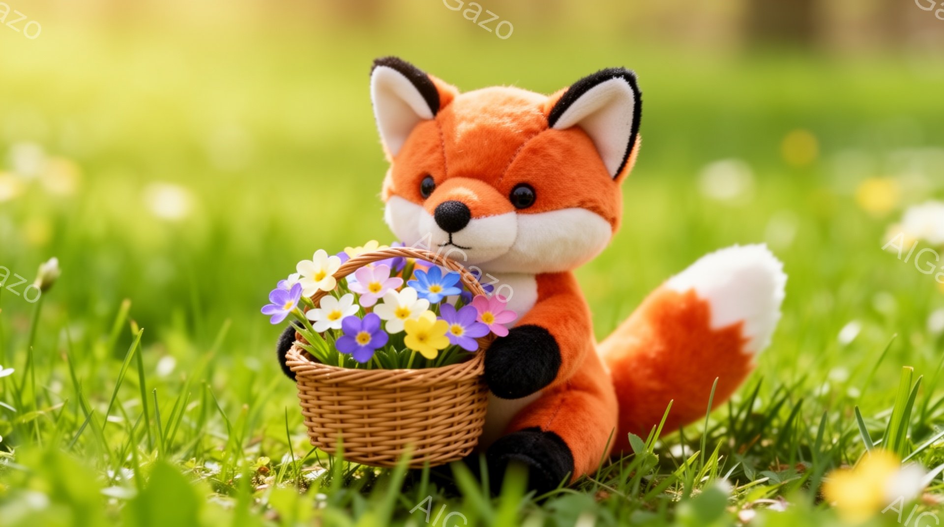 緑の草原に座る、可愛らしいキツネのぬいぐるみがいます。キツネは花が入ったバスケットを抱え、明るい日差しの中で春の訪れを感じさせます。背景は緑豊かな草で、穏やかで優しい雰囲気が漂っています。 - AI生成フリー素材