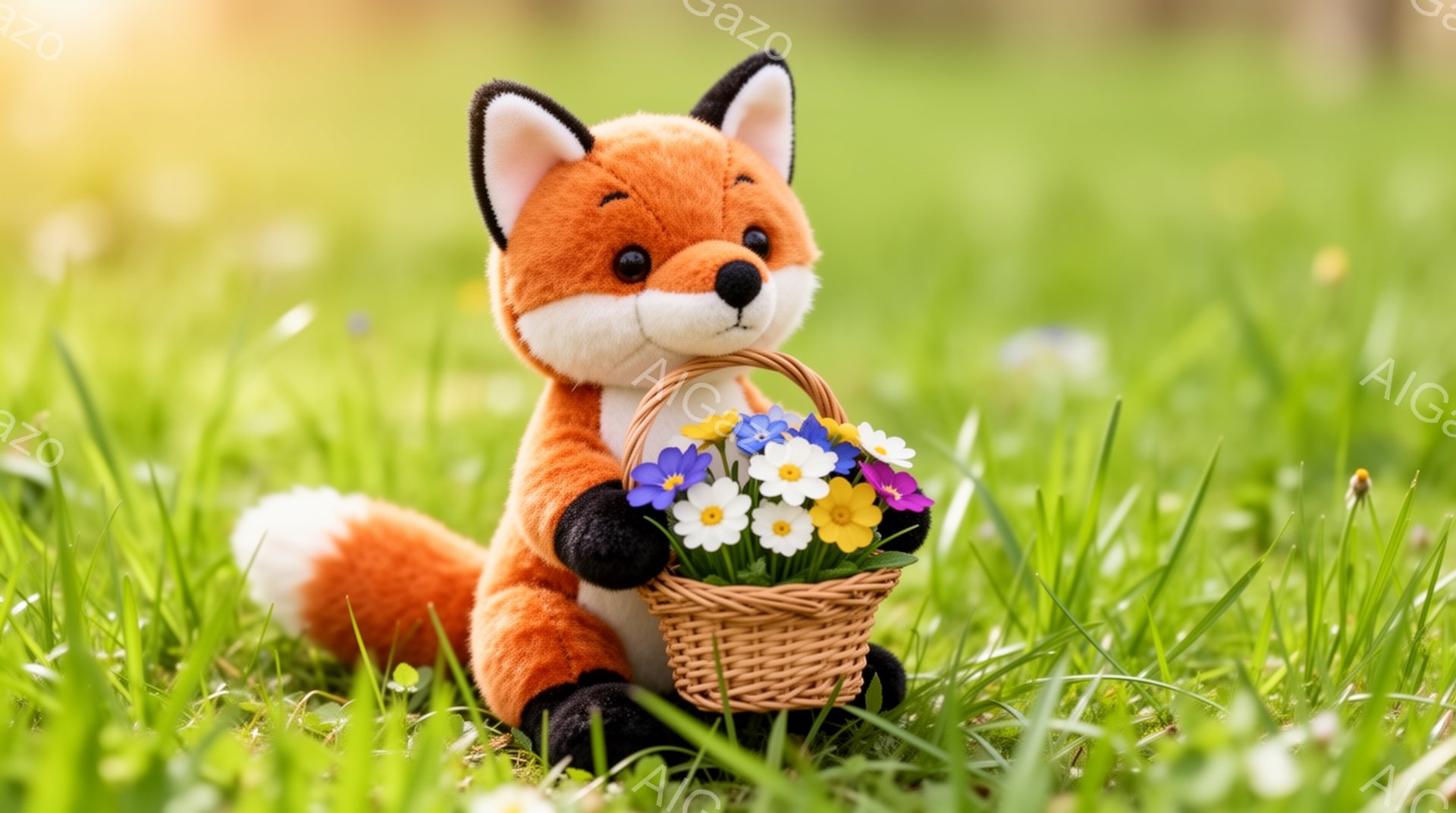 明るい緑の草むらの中に、抱えた花かごを持つ子ギツネが座っています。柔らかなオレンジ色の毛並みと、つぶらな瞳が可愛らしいです。春の暖かい日差しの中で、花を運ぶ子ギツネは幸せそうに見えます。