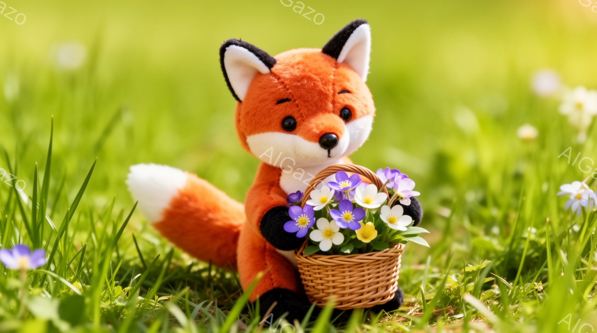 明るい緑の草原に、オレンジ色のキツネのぬいぐるみが立っている。キツネは小さなバスケットを持っており、中には黄色と紫の花が溢れている。背景は緑でいっぱいで、全体的に春らしい穏やかな雰囲気である。