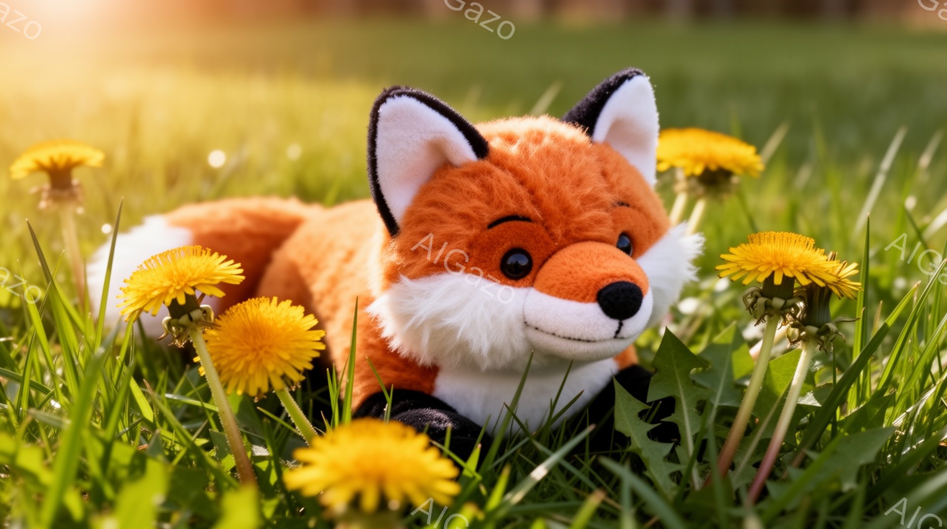 明るい緑色の草の上に、オレンジ色のキツネのぬいぐるみが横たわっています。周りには鮮やかな黄色のタンポポが咲き乱れ、柔らかな光が差し込んでいます。穏やかで暖かく、牧歌的な雰囲気が感じられます。 - AI生成フリー素材