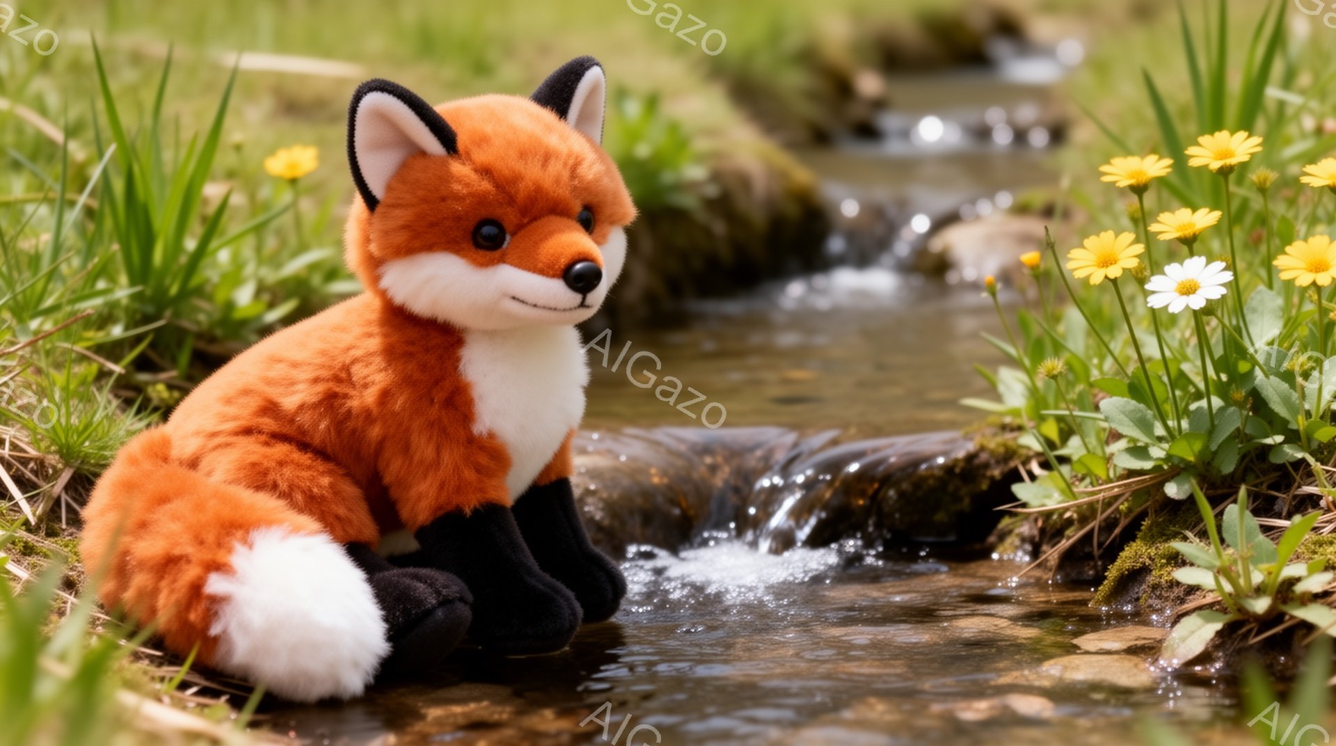 明るい緑の草地に座る、可愛らしいキツネのぬいぐるみです。キツネはオレンジ色の毛並みで、白い胸と尻尾が特徴的です。背景には小川と黄色い花が咲き、穏やかな春の雰囲気が漂っています。 - AI生成フリー素材