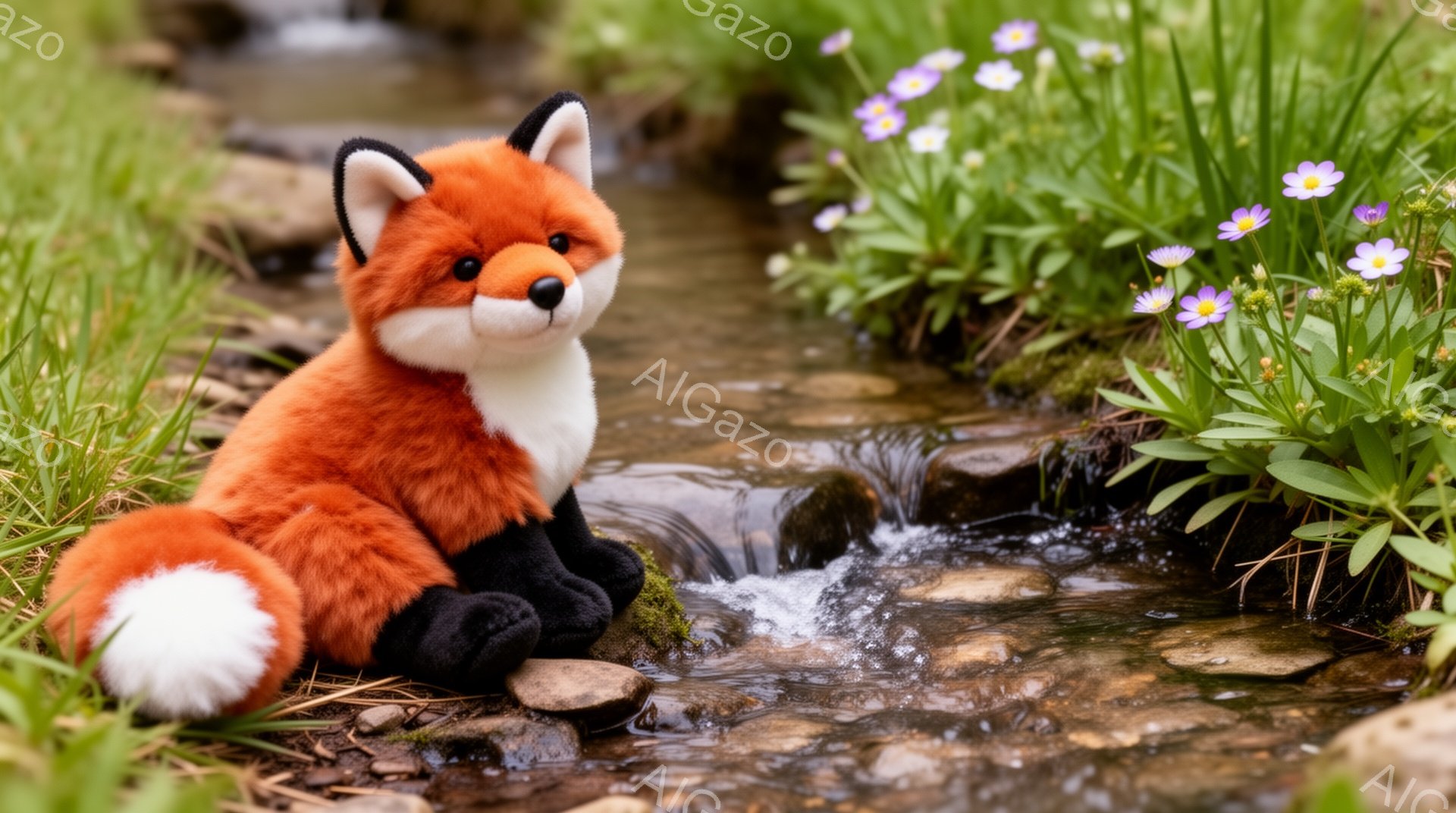 鮮やかなオレンジ色のキツネのぬいぐるみは、小川のほとりに座って、緑豊かな草地と紫色の花々に囲まれています。その表情は穏やかで、水が流れる音と周囲の自然に平和な雰囲気が漂っています。背景はぼやけており、 - AI生成フリー素材