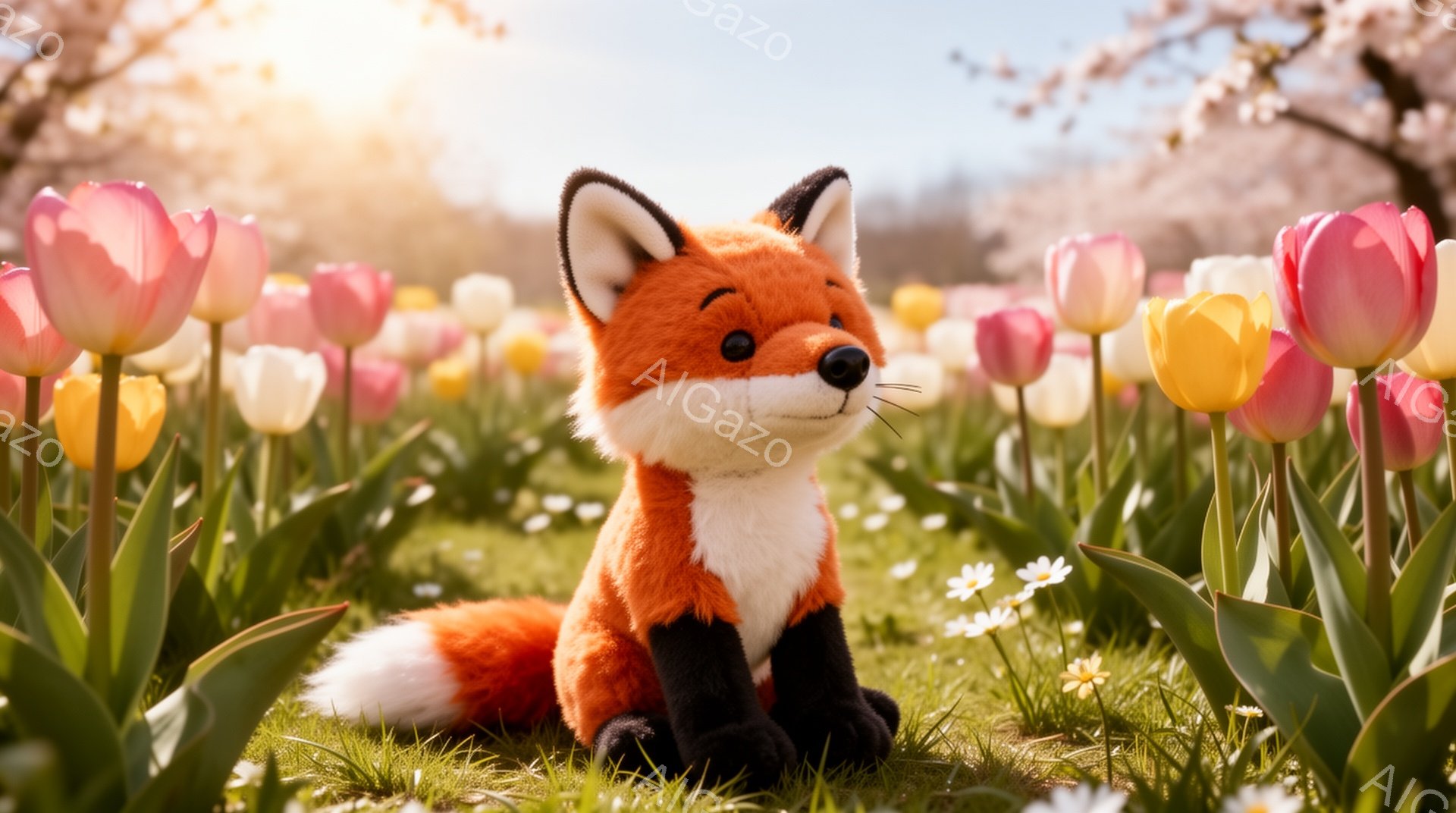 明るい日差しの中、草原で可愛らしいキツネが座っています。周りにはピンクや黄色のチューリップが咲き乱れ、春の暖かな雰囲気が漂っています。キツネは少し上目遣いで、優しい表情を浮かべています。 - AI生成フリー素材
