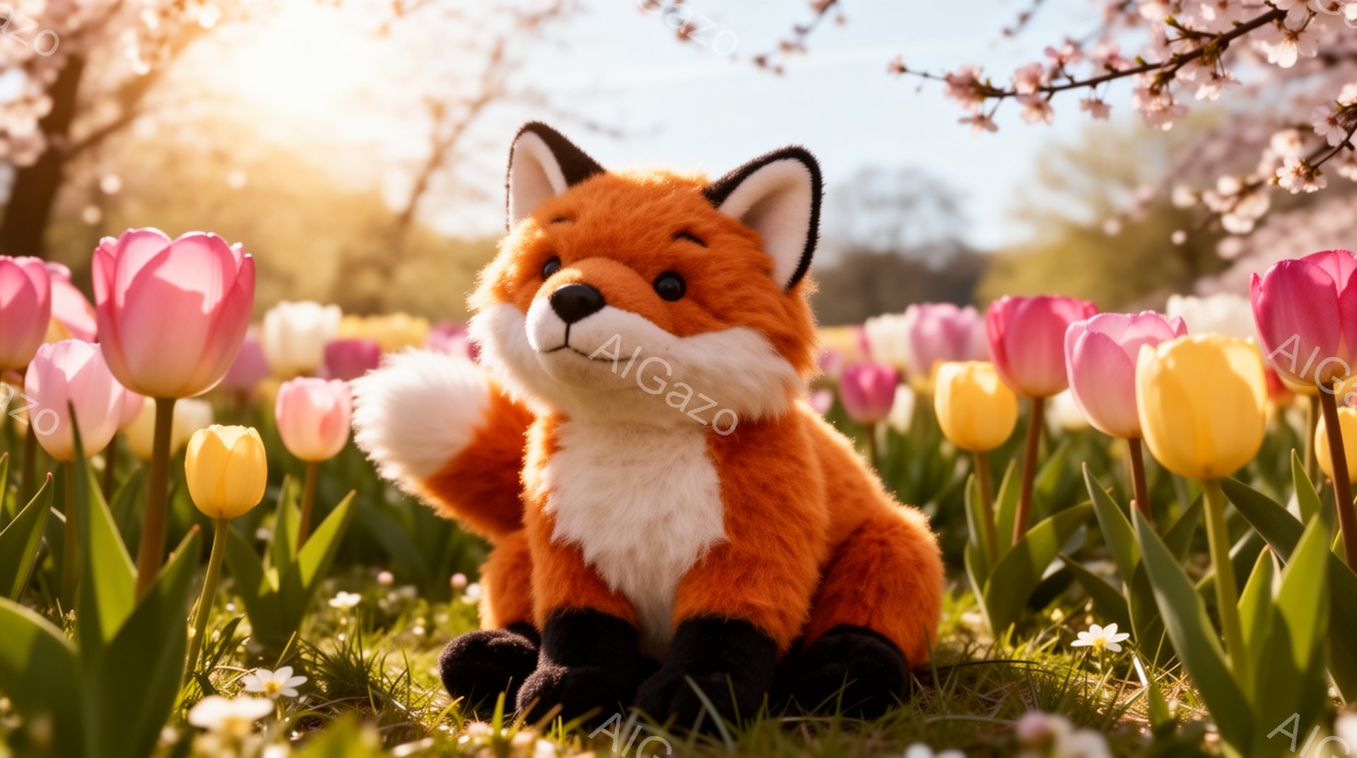 オレンジ色のキツネのぬいぐるみが、ピンクと黄色のチューリップ畑の中で座っています。背景には桜の木が見え、春の暖かく穏やかな雰囲気が漂っています。キツネは微笑んでおり、可愛らしい姿が印象的です。