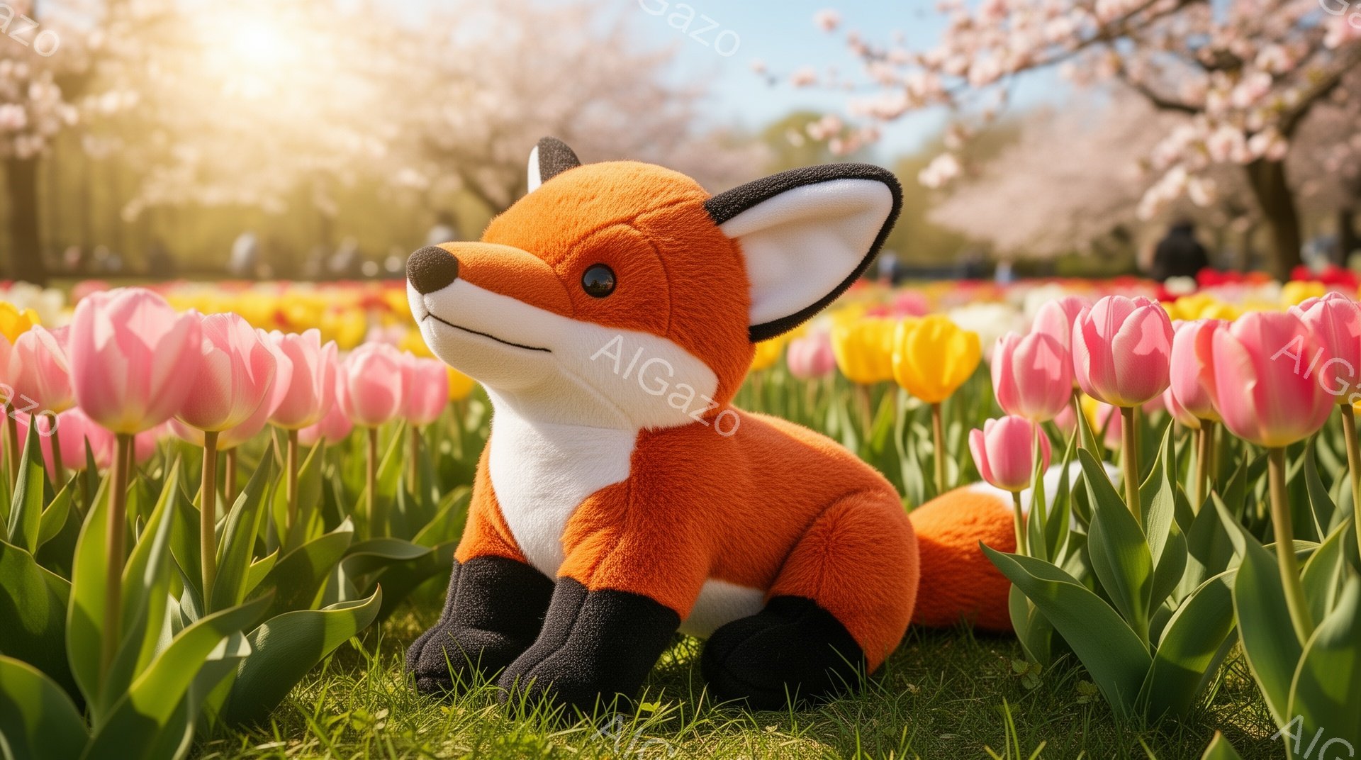 オレンジ色のキツネのぬいぐるみが、ピンクや黄色のチューリップ畑の中で座っています。背景には桜の木が見え、穏やかで春らしい雰囲気が漂っています。太陽の光が暖かく、柔らかい印象を与えます。 - AI生成フリー素材