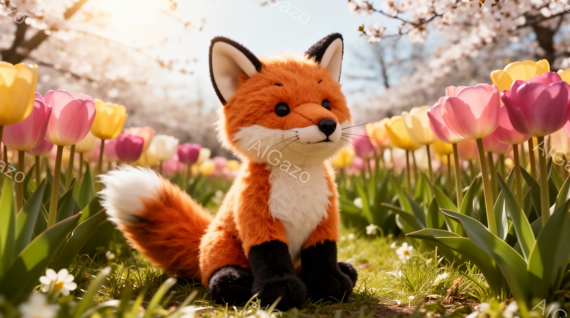明るい春の日に、チューリップ畑の中に座るキツネが描かれています。ふわふわの毛並みと澄んだ瞳が可愛らしく、背景には桜の花が咲き誇っています。暖かい光が全体を包み込み、穏やかで幸せな雰囲気を醸し出していま - AI生成フリー素材