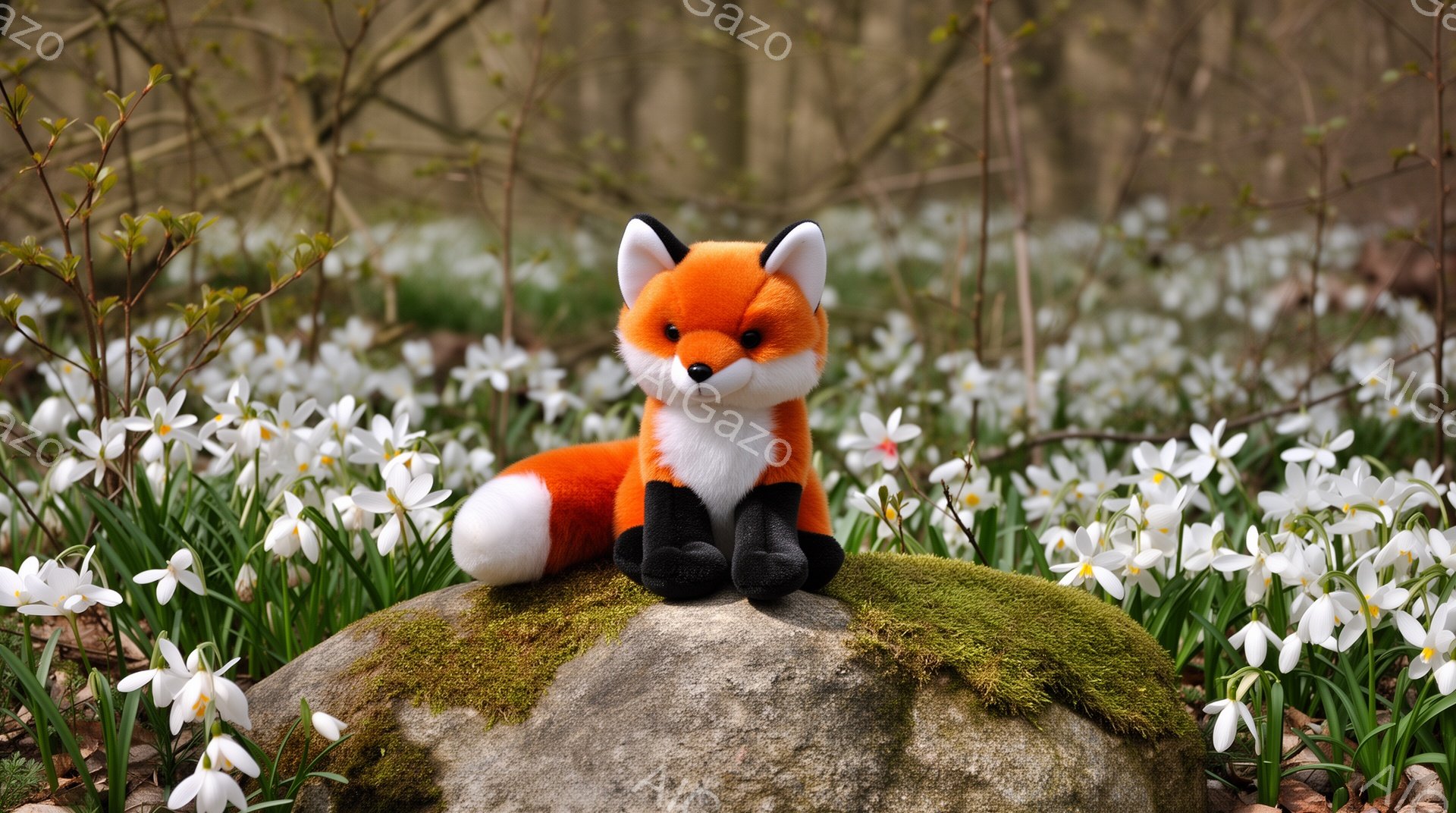 明るい緑の苔の上に、オレンジ色のキツネのぬいぐるみが座っています。周りには白いスノードロップの花が咲き乱れ、春の訪れを感じさせる穏やかな雰囲気です。キツネは少し上目遣いで、可愛らしい表情を見せています - AI生成フリー素材