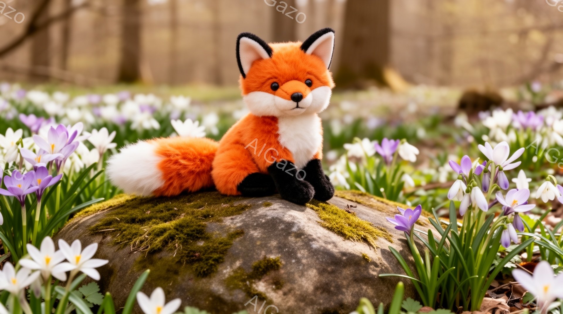 明るい緑色の背景に、オレンジ色のキツネが苔むした岩の上に座っています。周りには紫色のクロッカスが咲き乱れ、春の訪れを感じさせる穏やかな雰囲気です。キツネは前足を組み、少しこちらを見ています。