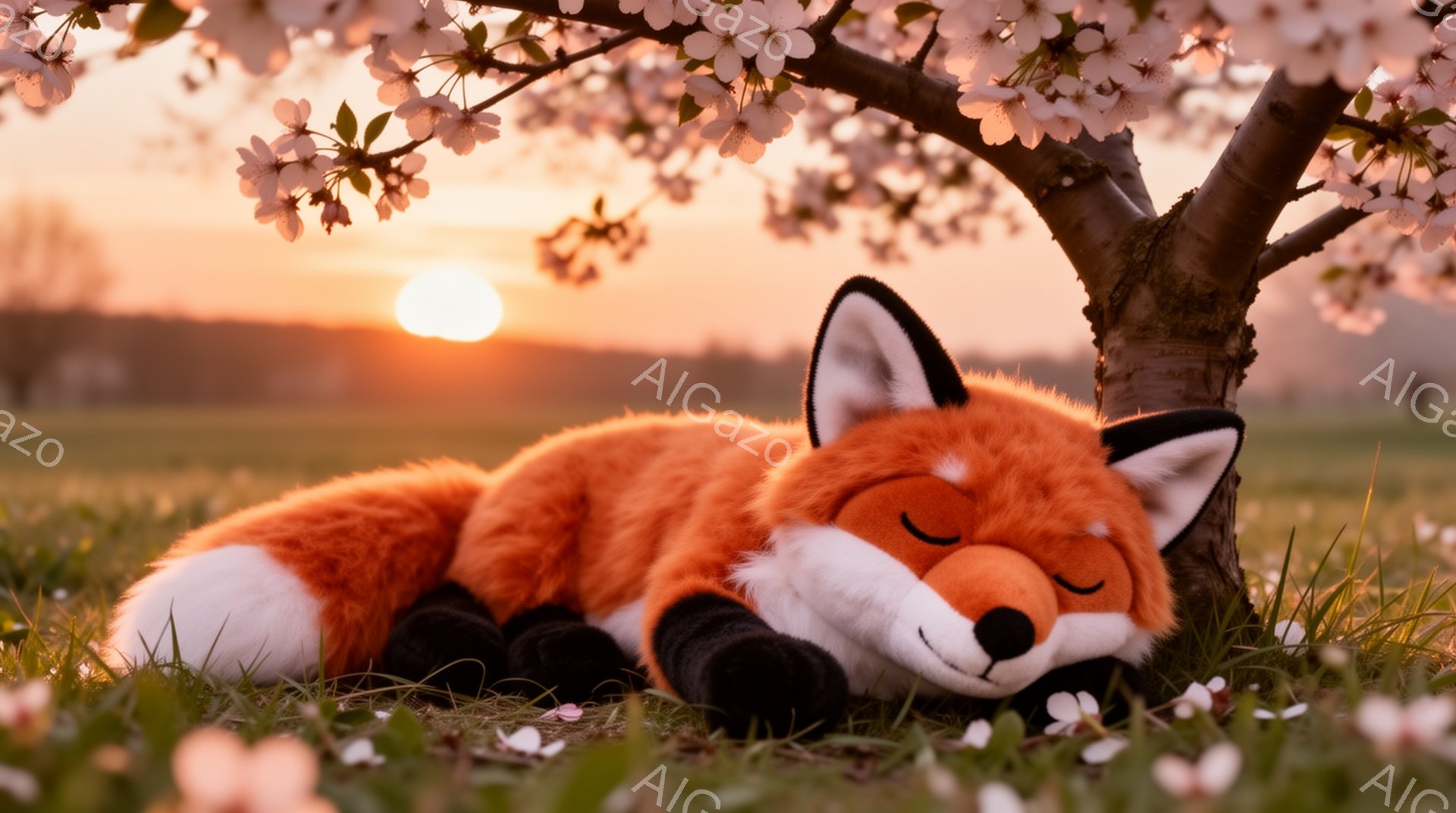 オレンジ色の毛並みの狐が、桜の木の下で穏やかに眠っている。夕焼け空が背景に広がり、温かく柔らかな光が狐を照らしている。桜の花びらが舞い散り、春の穏やかな雰囲気を演出している。