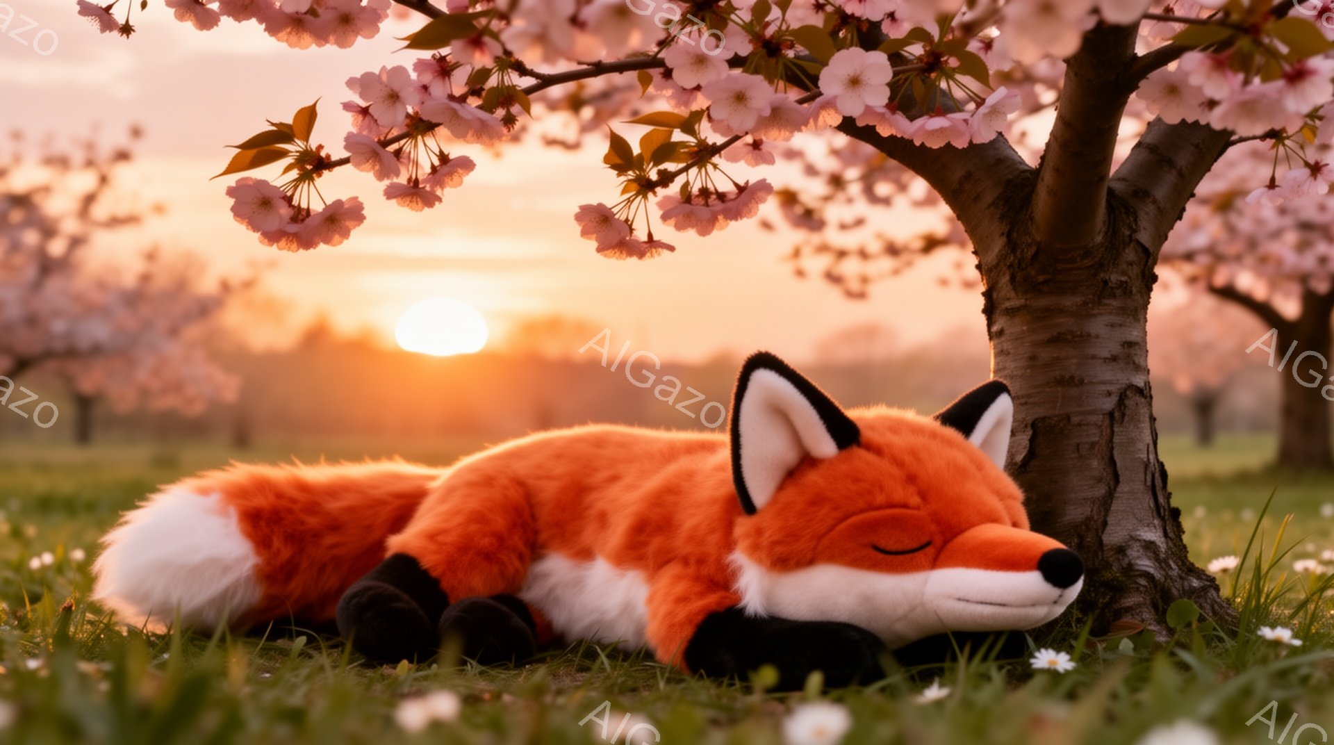 オレンジ色の毛並みのキツネのぬいぐるみは、桜の木の根元で静かに眠っています。夕焼けの光が桜の花びらと緑の草原を照らし、温かく穏やかな雰囲気を醸し出しています。柔らかな光と可愛らしいキツネの姿が、見る人に安らぎを与えます。