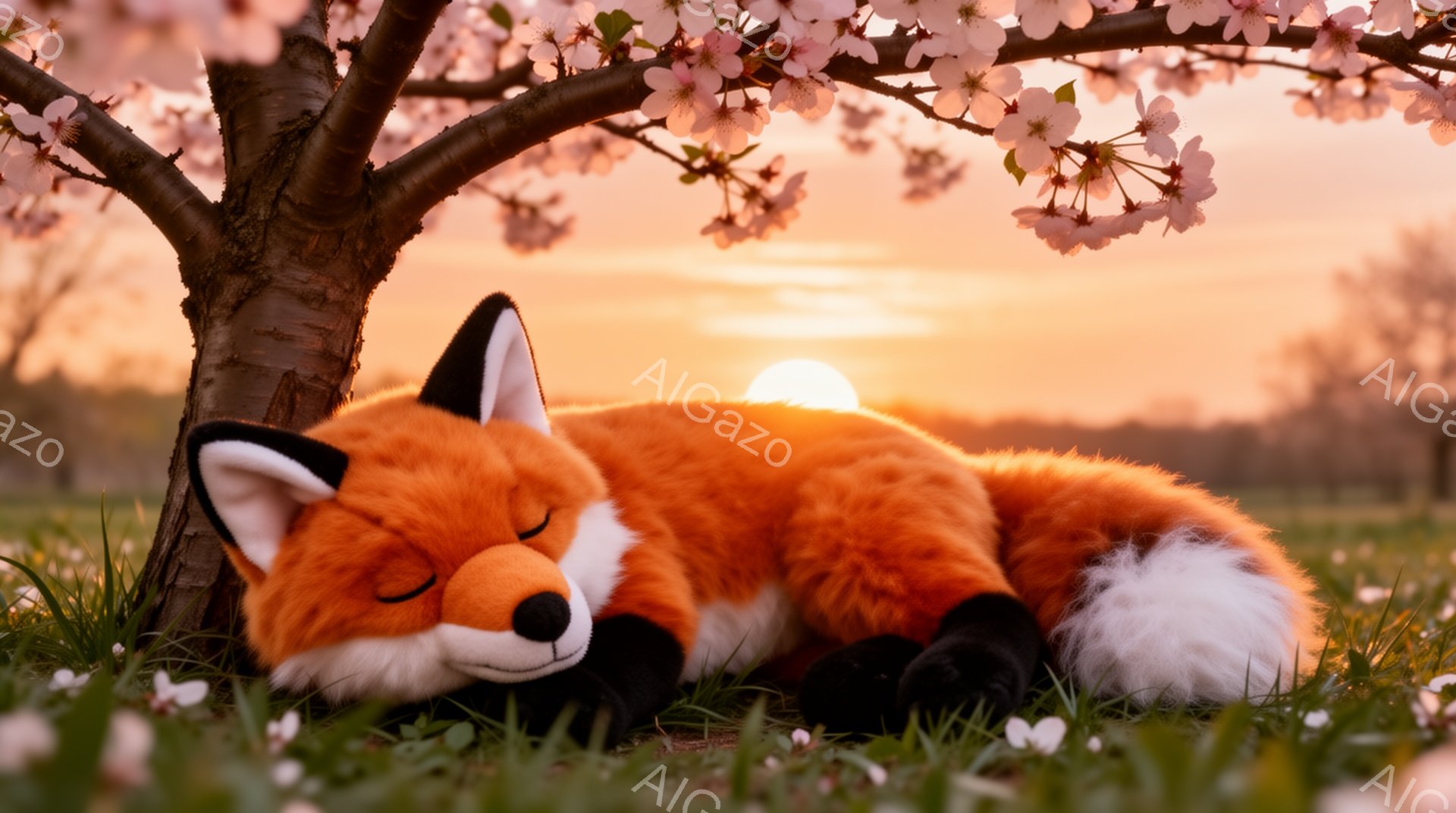 鮮やかなオレンジ色のキツネが、桜の木の下で穏やかに眠っています。夕焼けの光がキツネの毛並みを照らし、春の暖かさと安らぎを感じさせる光景です。周りには桜の花びらが散り、夢のような雰囲気を醸し出しています。