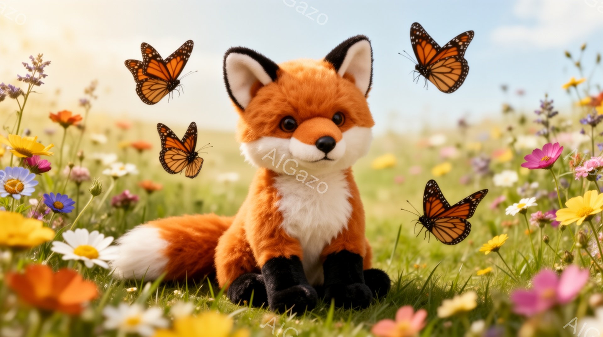 明るい野原に、愛らしい子ギツネが座っています。周囲には色とりどりの花が咲き乱れ、数匹の蝶が飛び交い、春の暖かい雰囲気を醸し出しています。毛並みは柔らかそうで、穏やかな表情をしています。 - AI生成フリー素材