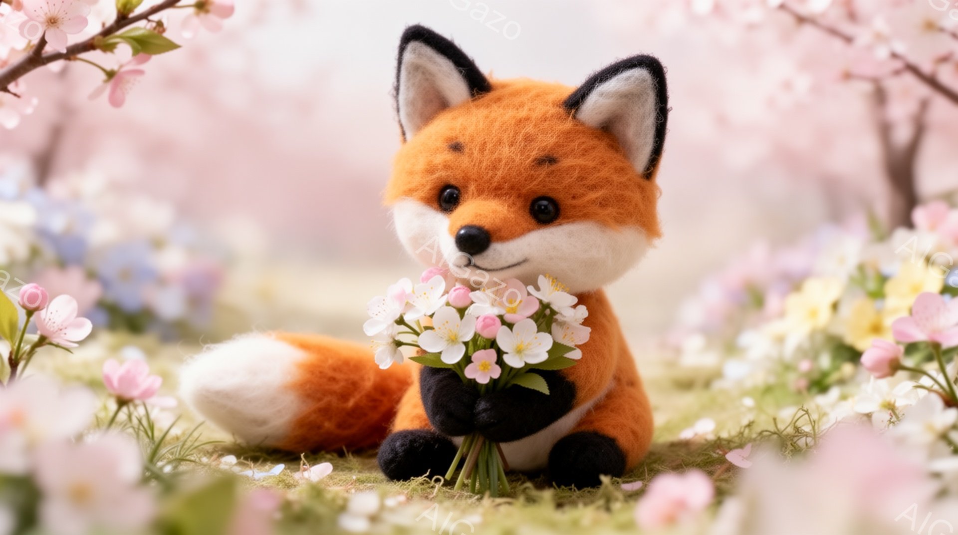 可愛らしいキツネが、ピンクと白の花束を抱えています。背景には桜が咲き乱れ、春の暖かく優しい雰囲気が漂っています。緑の草の上で、幸せそうに花を見つめています。
