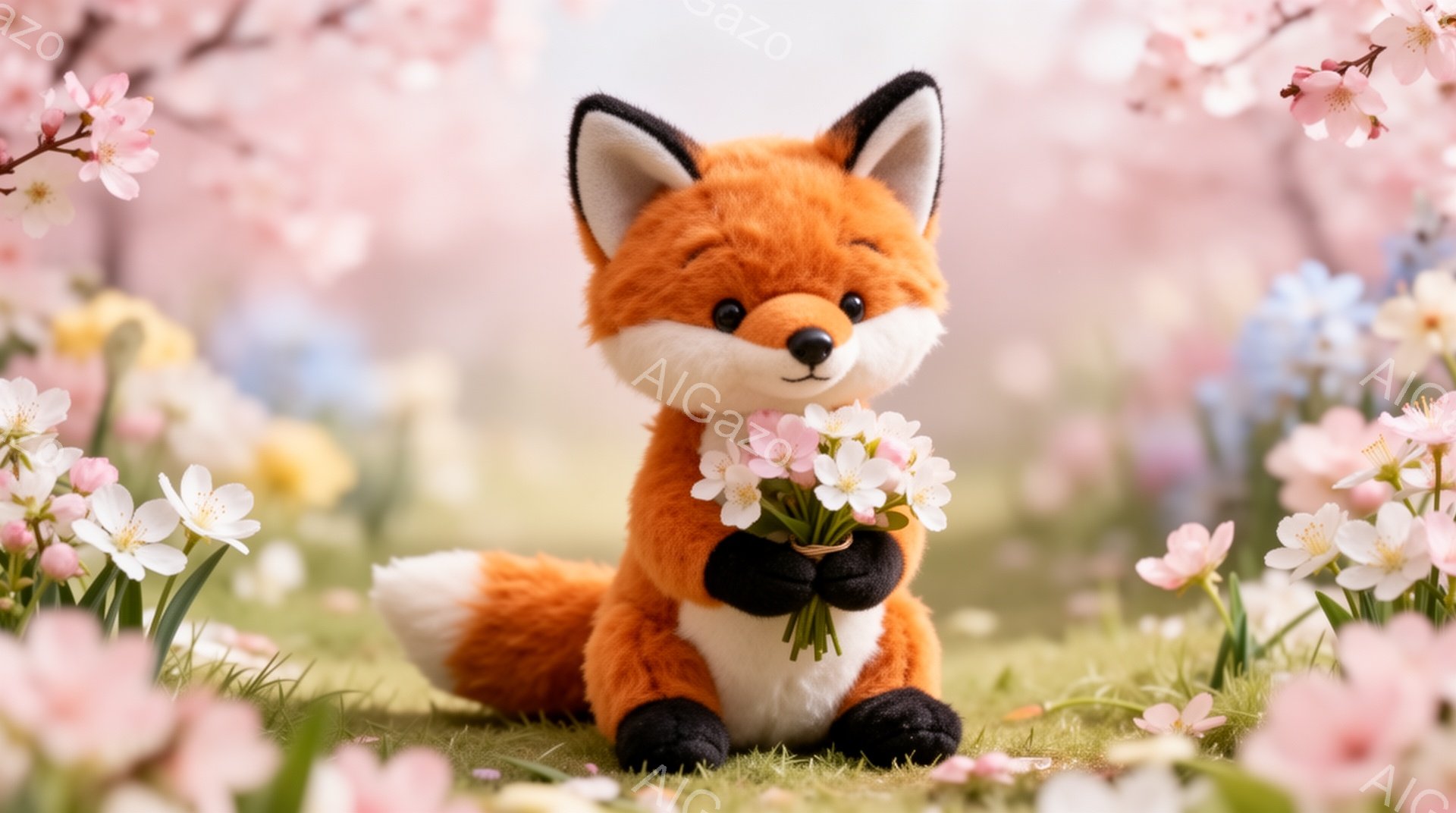 鮮やかなオレンジ色のキツネが、手に白い花束を持って座っています。背景はピンクと白の桜の花で満たされ、春の暖かく穏やかな雰囲気を醸し出しています。キツネは小さな黒いリボンをつけており、可愛らしい印象を与 - AI生成フリー素材