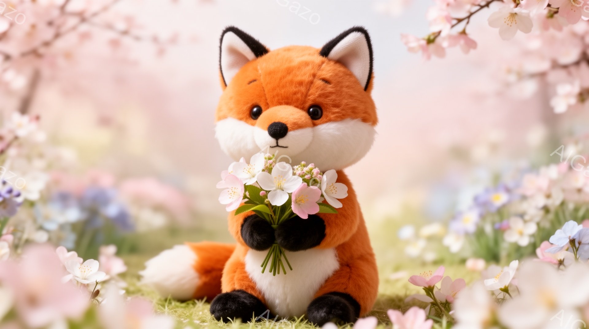 オレンジ色の可愛らしいキツネのぬいぐるみは、ピンクと白の花束を抱えています。背景には桜の花びらが舞い、春らしい穏やかな雰囲気です。緑の草の上で、キツネは幸せそうに座っています。 - AI生成フリー素材