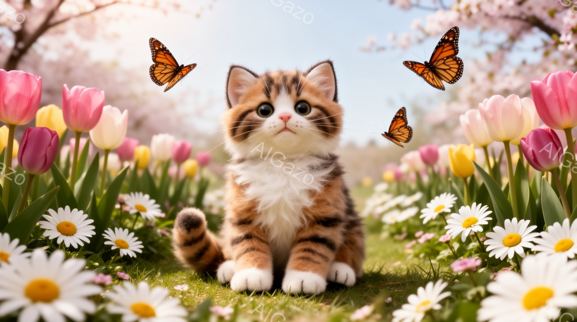 緑の草の上で、縞模様の子猫が座っている。周りには白とピンクの可愛らしい花々が咲き乱れ、オレンジ色の蝶が舞っている。春の暖かな日差しが降り注ぎ、穏やかで優しい雰囲気を感じさせる。 - AI生成フリー素材