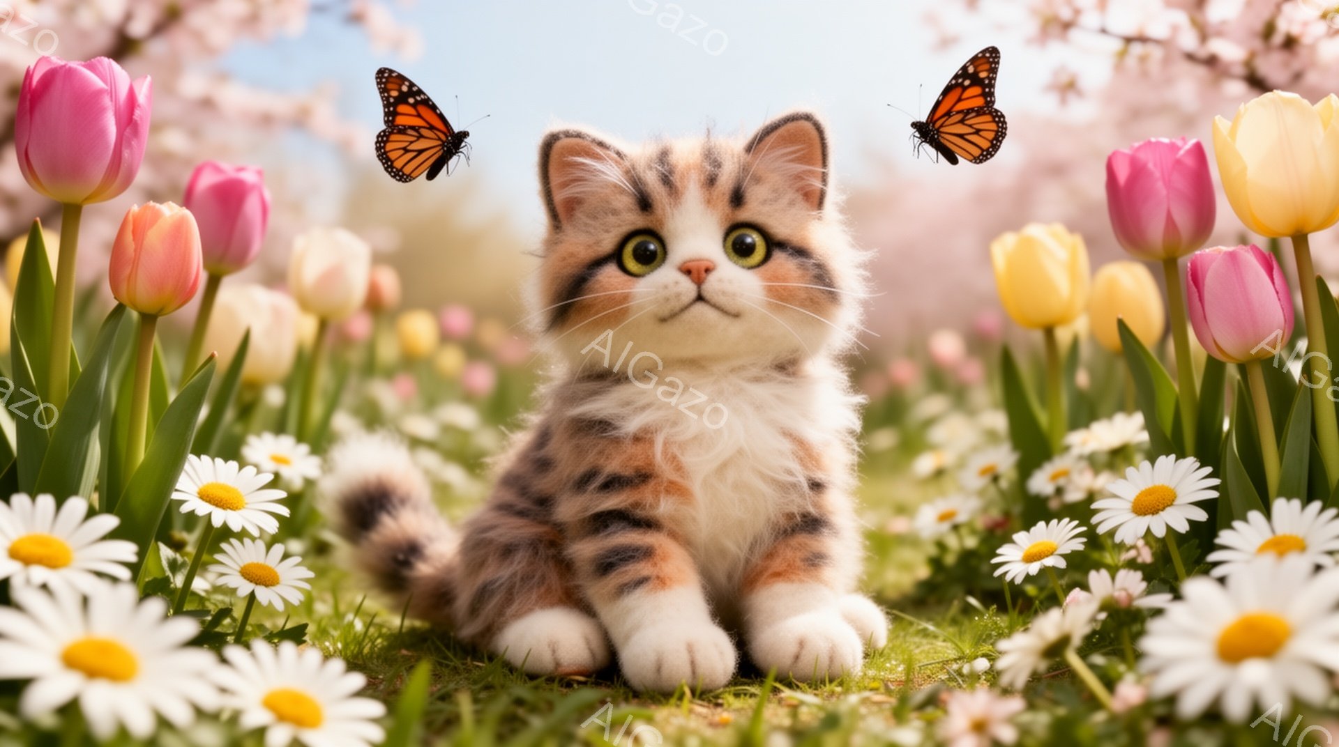 縞模様の小さな子猫が、タンポポやチューリップなどの花々に囲まれた緑の草原に座っています。その周りには、鮮やかなオレンジ色の蝶が舞っており、春の暖かく穏やかな雰囲気を醸し出しています。子猫は好奇心旺盛な表情で、こちらを見つめています。