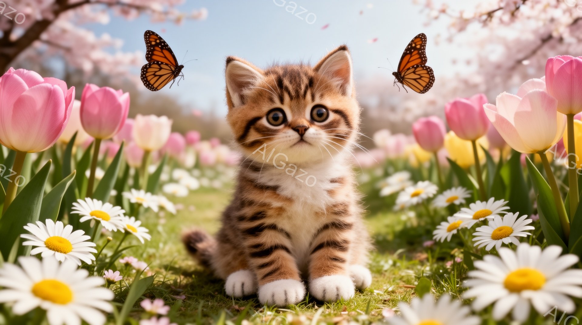 小さな縞模様の猫が、タンポポやチューリップなどの花々に囲まれた草原に座っている。蝶が猫の周りを舞い、春らしい穏やかで優しい雰囲気を醸し出している。猫は大きく丸い目で前を見つめ、とても愛らしい表情をしている。