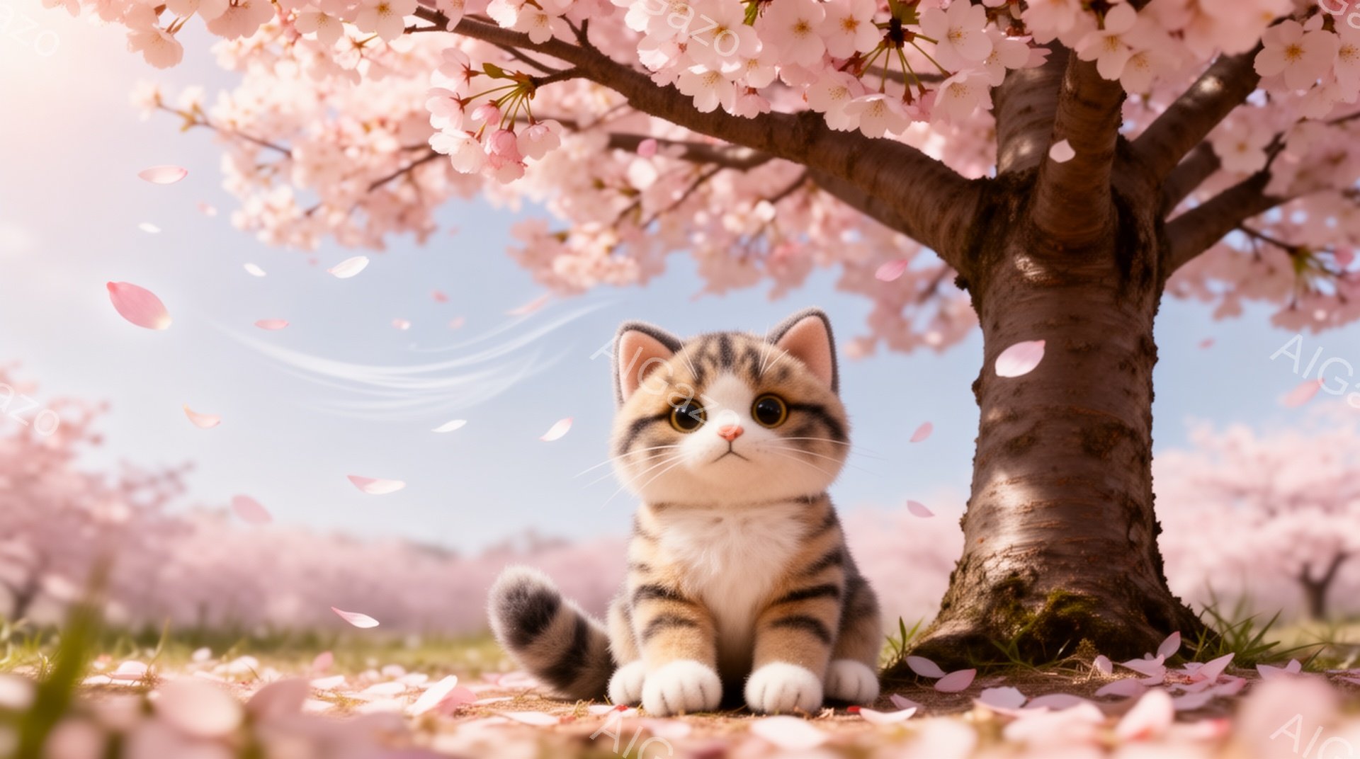 小さな茶色の縞模様の猫が桜の木の根元に座っています。周りには桜の花びらが舞い散り、春の穏やかな雰囲気を醸し出しています。猫は正面を見ており、愛らしい表情をしています。