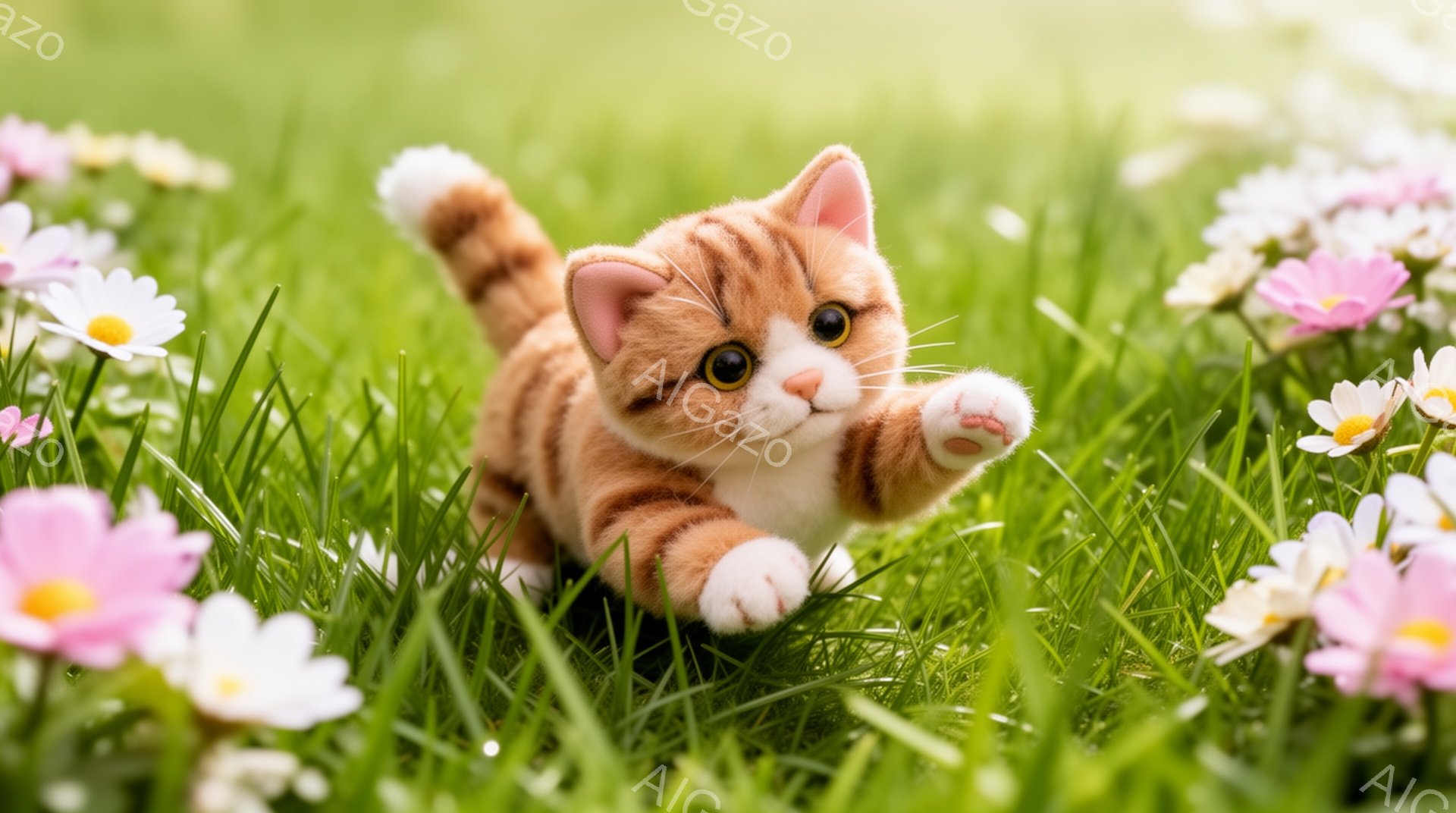 鮮やかな緑の草の上に、オレンジ色の縞模様の小さな子猫が駆け寄っています。子猫は楽しそうに前足を伸ばし、遊び心に満ちた表情で、周囲に咲くデイジーの花々を気にしているようです。春の陽気な日差しが降り注ぎ、可愛らしい光景が広がっています。