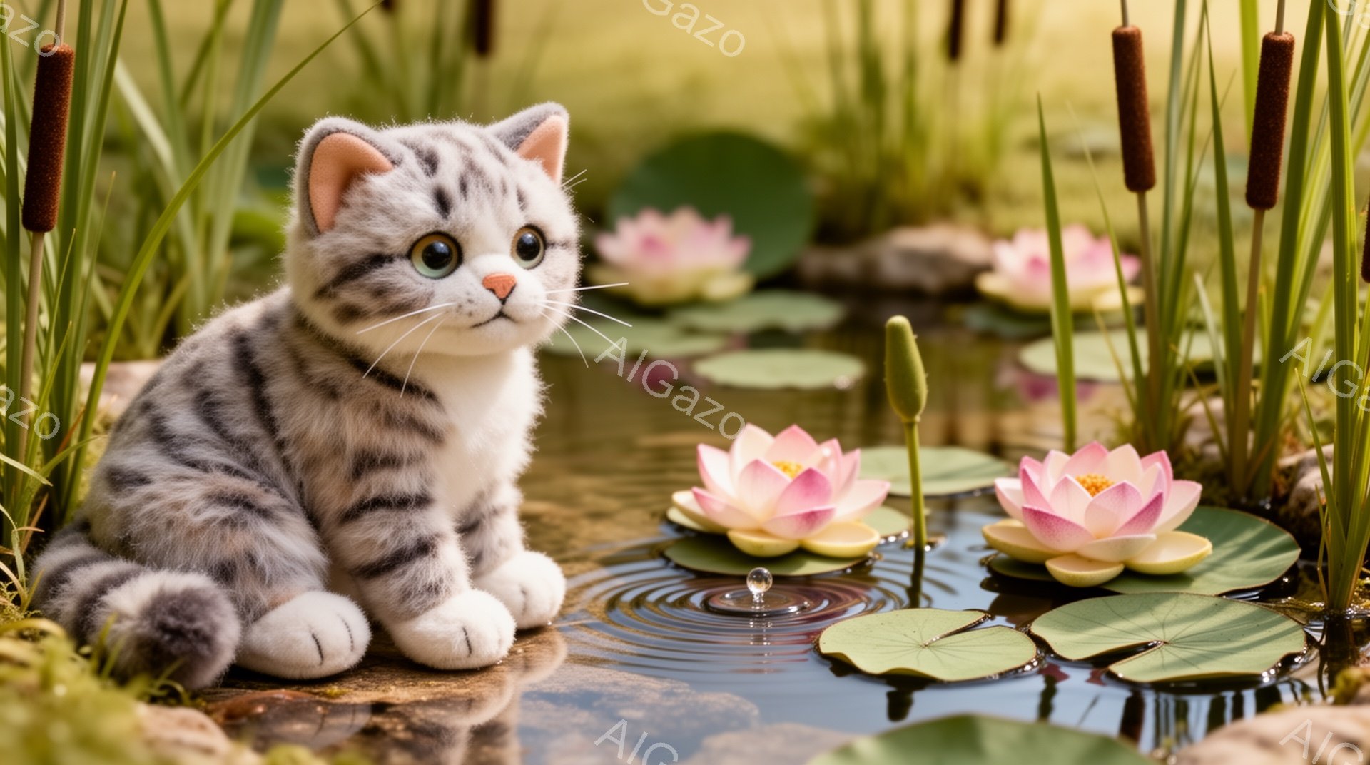 小さな縞模様の猫が、蓮の咲く池のそばに座っています。水面に反射する猫の姿と、ピンク色の蓮の花が美しいコントラストを生み出しています。穏やかな光と緑豊かな背景が、平和な雰囲気を醸し出しています。 - AI生成フリー素材