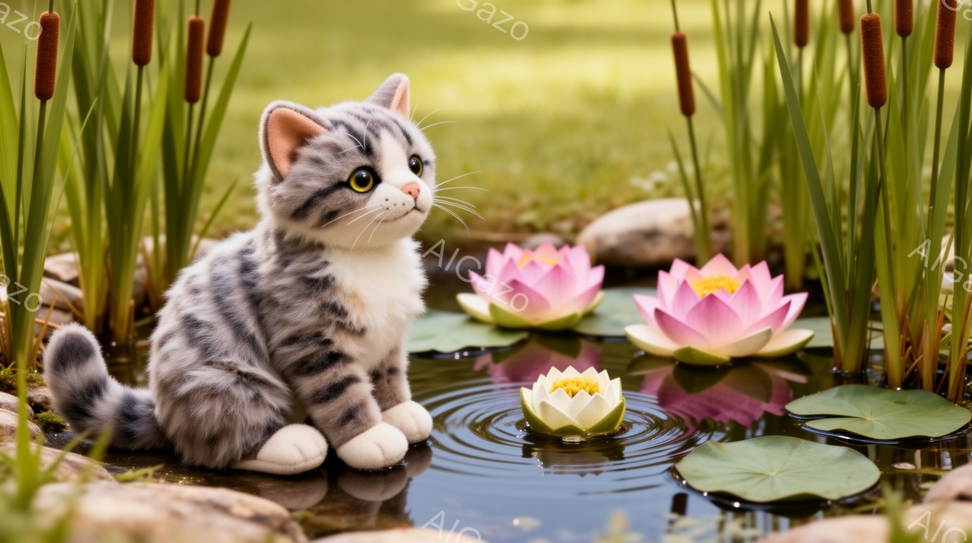 小柄な縞模様の子猫が池の縁に座り、ピンクと白の蓮の花を見つめている。水面には花びらが浮かび、周囲には緑豊かな植物が生い茂っている。穏やかな光が差し込み、静かで平和な雰囲気を醸し出している。 - AI生成フリー素材