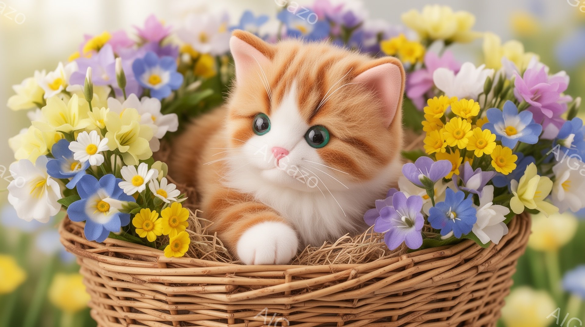 籠の中にオレンジ色の仔猫が可愛らしく座っています。周りには黄色や紫色の小さな花が咲き乱れ、春の暖かさを感じさせます。猫は好奇心旺盛な表情でこちらを見ており、とても愛らしいです。