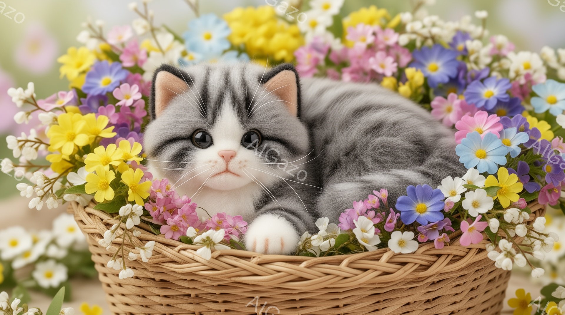 籠の中に縞模様の可愛らしい子猫が丸まって眠っています。周りにはカラフルな花々が咲き乱れ、春の暖かく優しい雰囲気を演出しています。子猫の大きな瞳と小さな肉球が愛らしさを引き立てています。 - AI生成フリー素材