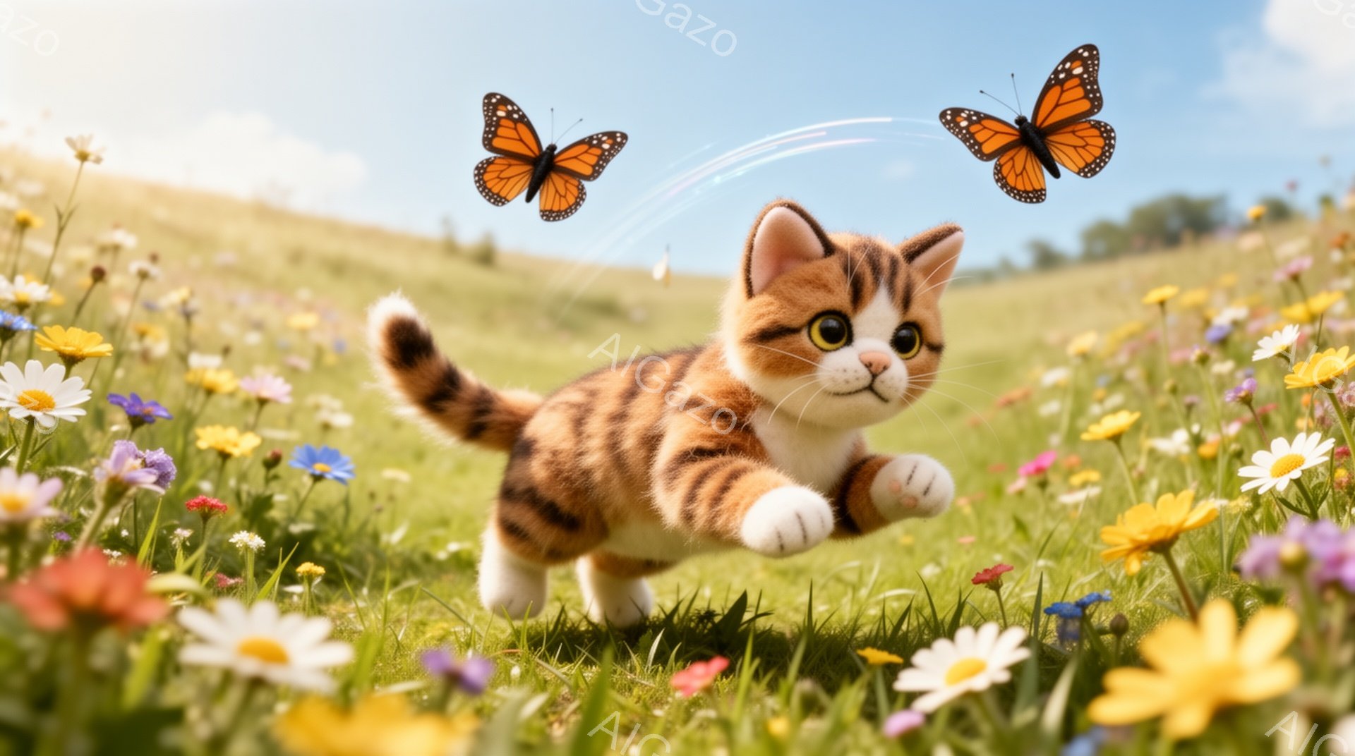小柄な子猫が花畑を元気に駆け抜けている。二匹の蝶が猫の周りを飛び回り、遊び心を添えている。鮮やかな色彩と柔らかな光が、のどかな春の雰囲気を醸し出している。 - AI生成フリー素材