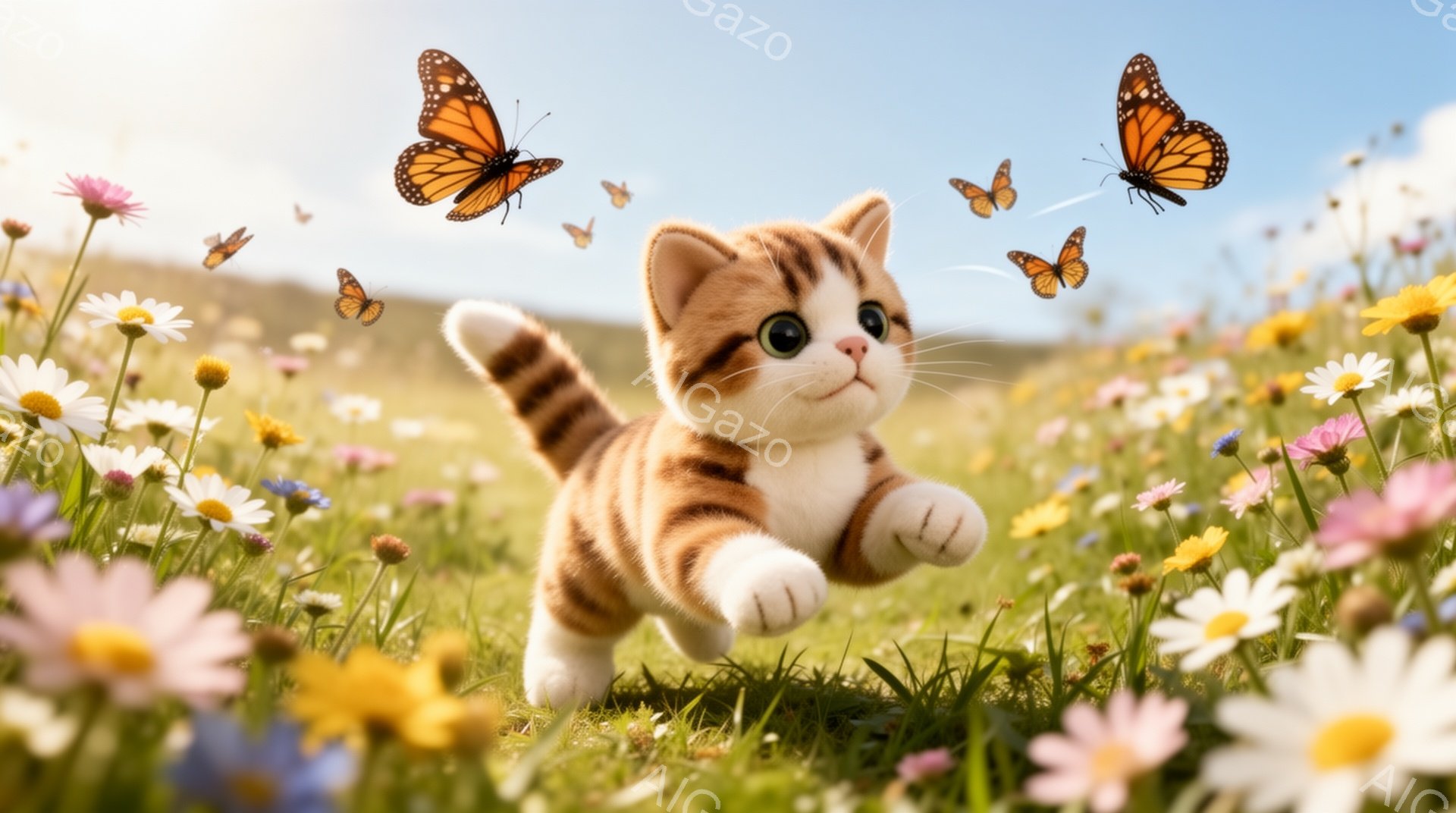 小さな子猫が花畑を元気に駆け抜けている。周囲には色とりどりの蝶が舞い、春らしい穏やかな雰囲気を感じさせる。鮮やかな色彩と暖かな光が、幸福感に満ちた様子を強調している。 - AI生成フリー素材