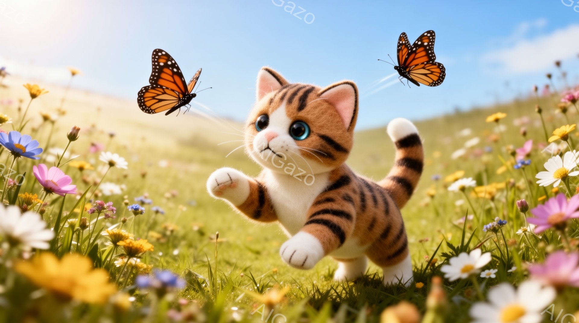 縞模様の小さな子猫が、花畑の中で蝶を追いかけている。子猫は楽しそうで、無邪気な表情をしている。背景には緑の丘と青空が広がり、明るく穏やかな雰囲気だ。