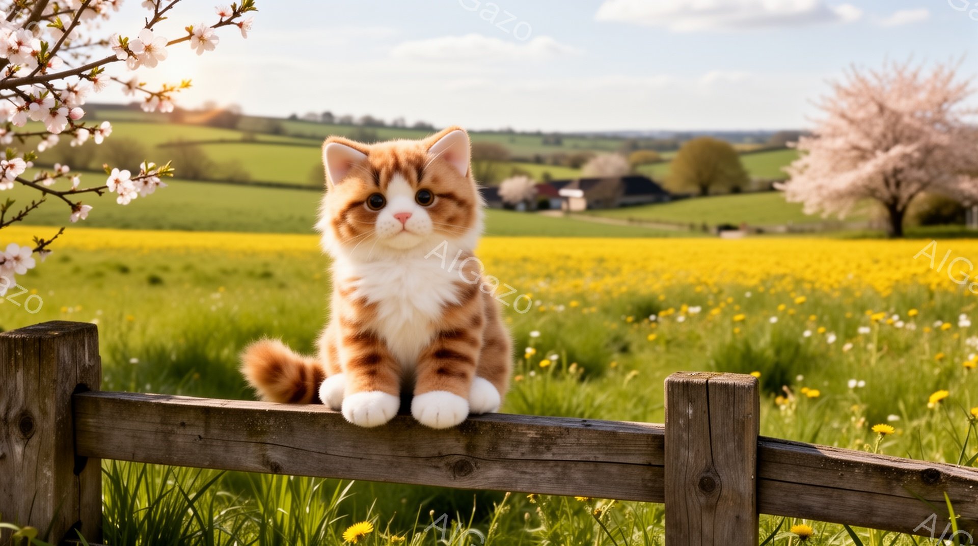 明るい日差しの中で、オレンジと白の毛並みの小さな子猫が木製の柵の上に座っています。背後には黄色いタンポポが広がる草原と、遠くに見える家々や木々が穏やかな風景を作り出しています。子猫は好奇心いっぱいの表 - AI生成フリー素材