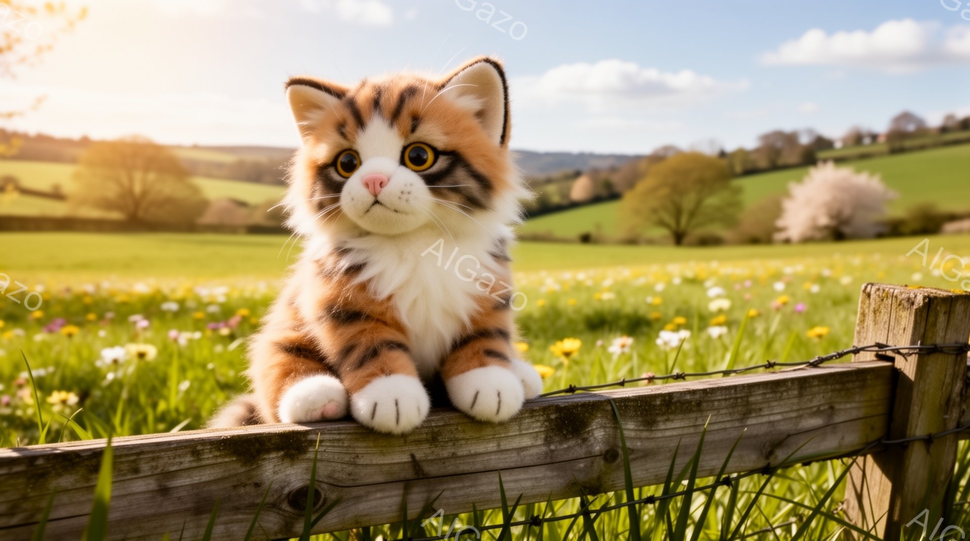 暖かく晴れた日に、フェンスの上に座っている子猫がいます。オレンジと白の毛並みが美しく、大きな瞳が印象的です。背景には緑豊かな草地と、かすかに見える丘陵地帯が広がっています。