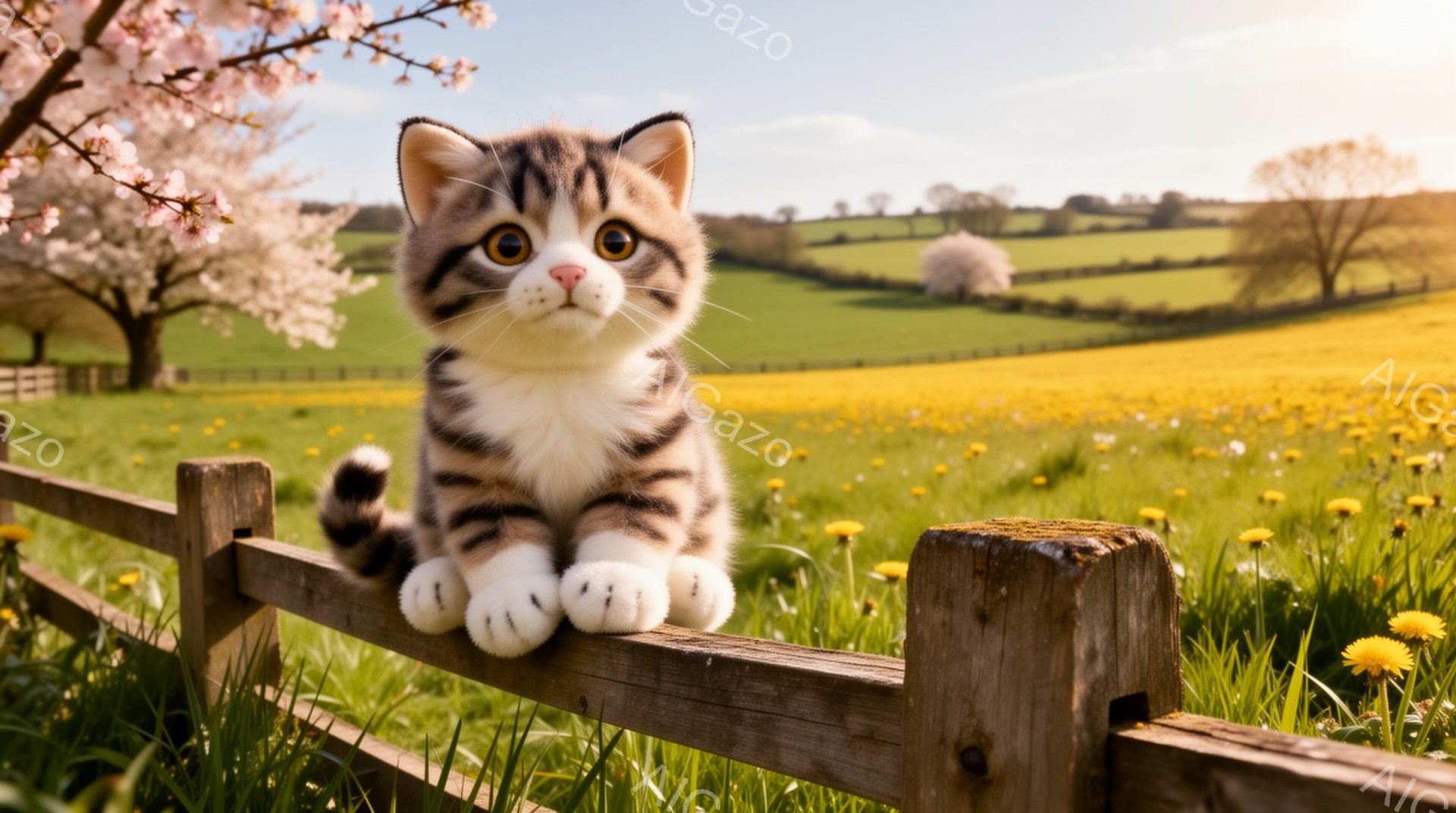 縞模様の小さな子猫が、緑豊かな草原とタンポポ畑を背景にした木のフェンスに座っています。太陽の光が暖かく降り注ぎ、春の穏やかな雰囲気を醸し出しています。子猫は前足をフェンスにかけ、好奇心旺盛な表情でこちらを見ています。
