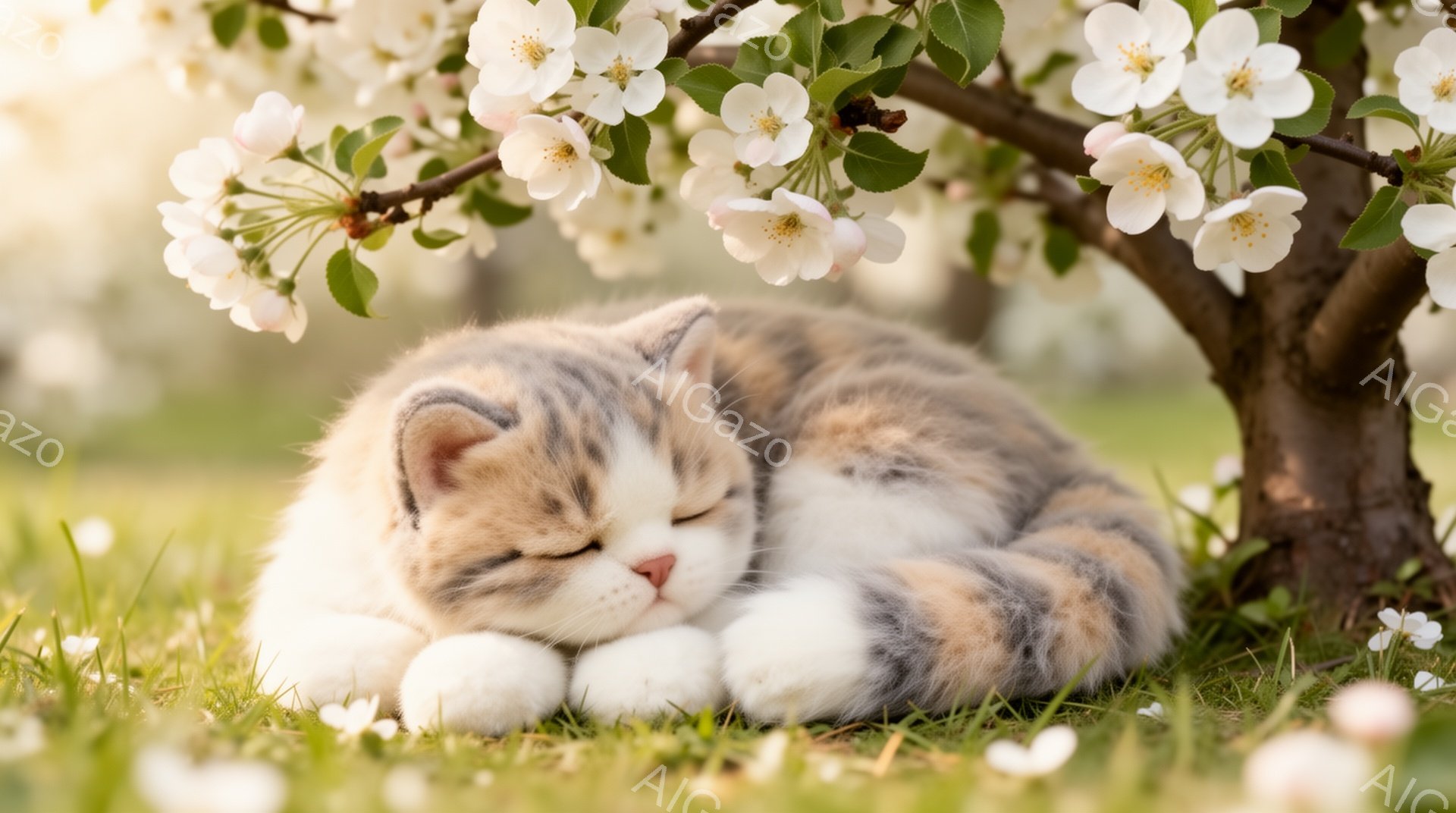 緑の芝生の上で、可愛らしい三毛猫が丸まって眠っています。桜のような白い花が咲き乱れる木の根元で、穏やかな春の陽光が猫を照らしています。柔らかい毛並みと安らかな表情が、平和な雰囲気を醸し出しています。
