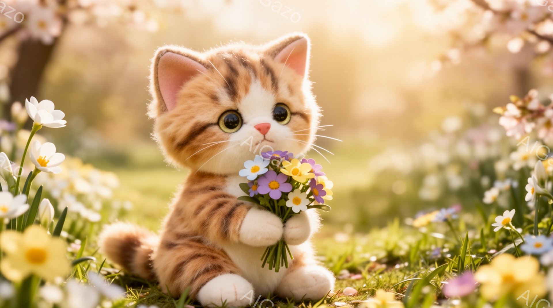 小さなオレンジ色の縞模様の猫が、野原で花束を抱えています。猫は緑の草の上に座り、幸せそうに前を見つめています。背景には、ぼやけた花と木々が見え、暖かい春の雰囲気です。 - AI生成フリー素材