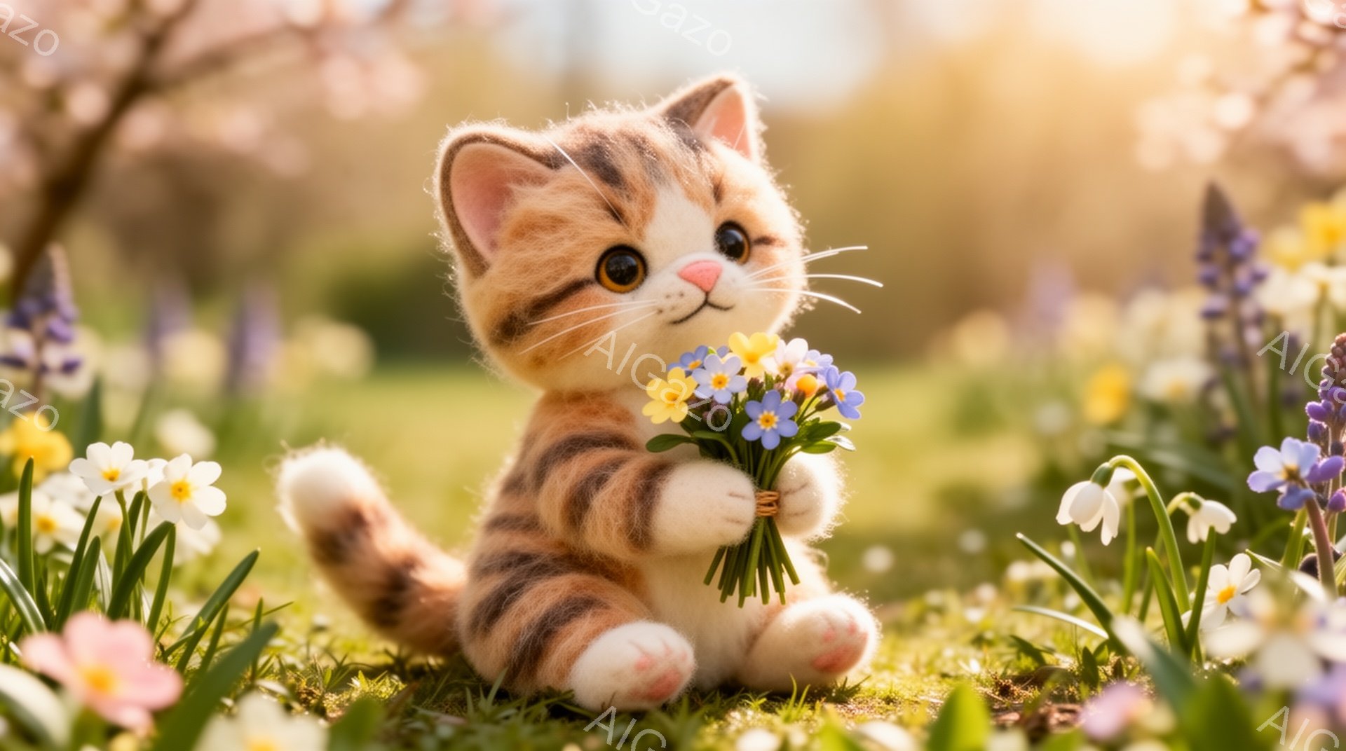 子猫が花束を抱えて座っています。背景には様々な春の花が咲き乱れ、柔らかい光が降り注いでいます。可愛らしく、暖かく、穏やかな雰囲気の画像です。 - AI生成フリー素材