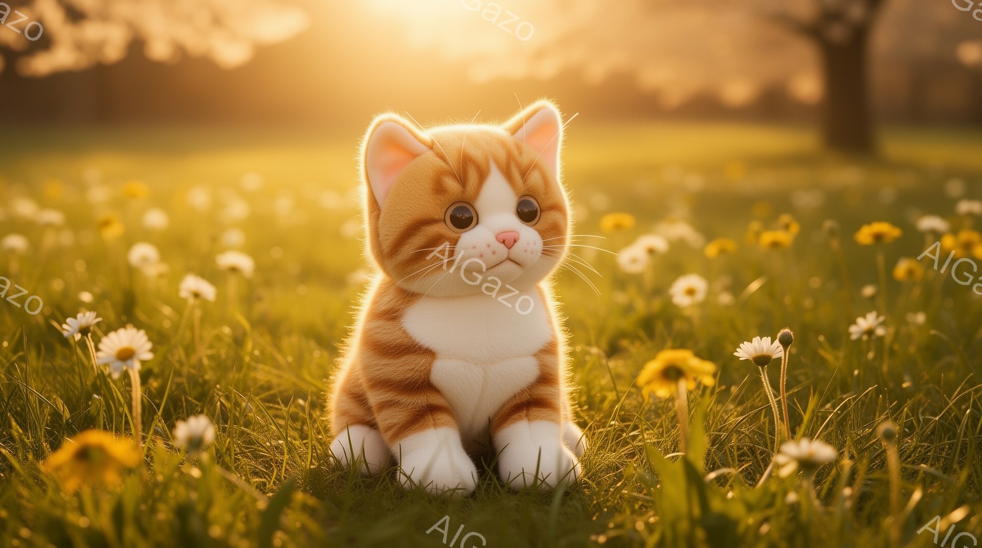 鮮やかな緑の草むらに、オレンジと白の縞模様の可愛らしい子猫が座っています。子猫は前方をまっすぐ見つめ、好奇心と無邪気さを湛えた表情をしています。背景にはぼやけた木々と暖かな夕日の光が広がり、穏やかで優 - AI生成フリー素材