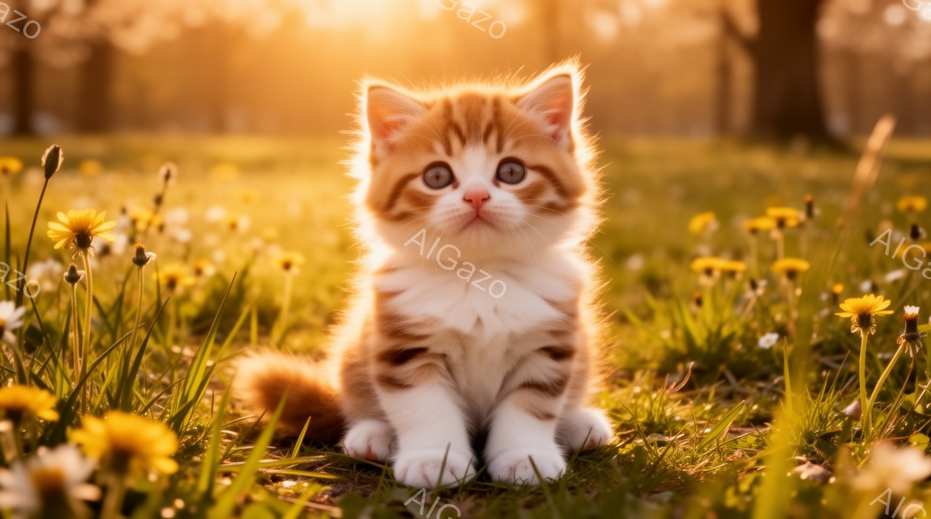 鮮やかな草原に、縞模様の愛らしい子猫が座っています。子猫は大きな青い目でカメラを見つめ、周りには黄色いタンポポが咲き乱れています。暖かく柔らかな光が差し込み、穏やかで平和な雰囲気が漂います。 - AI生成フリー素材