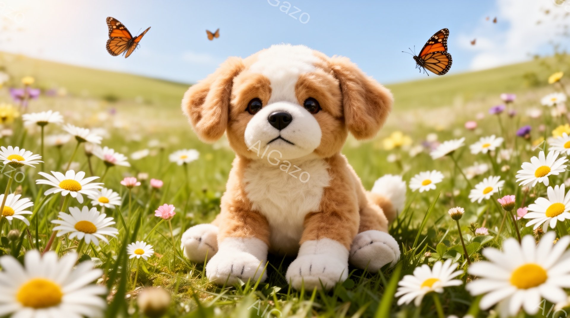緑の草地にたくさんのデイジーが咲き乱れる中、子犬が座っている。子犬はクリーム色の毛並みで、大きな茶色の目をしており、優しげな表情を浮かべている。空には蝶が舞い、穏やかで平和な雰囲気が漂っている。 - AI生成フリー素材