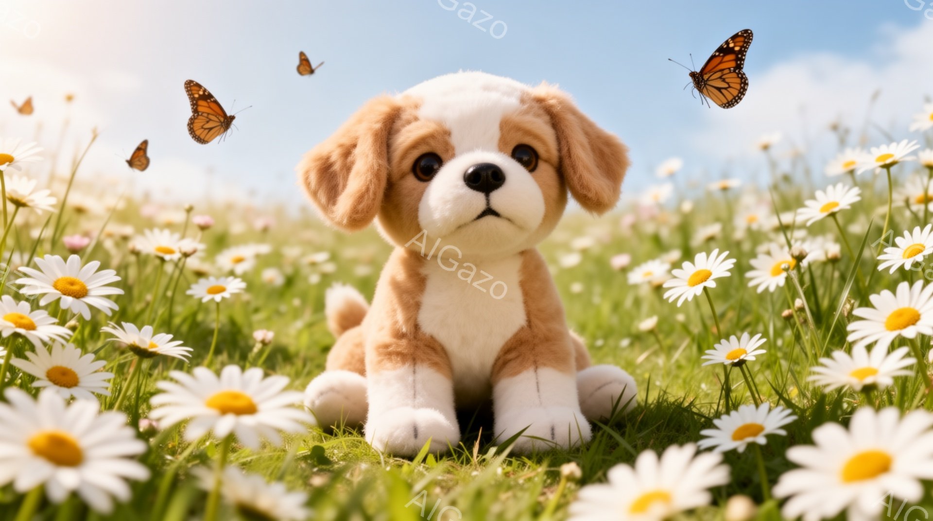 明るい日差しの下、茶色と白の毛並みの子犬が白い花々が咲き乱れる草原に座っています。蝶が数匹飛び交い、穏やかで平和な雰囲気を醸し出しています。子犬は優しい眼差しでこちらを見ており、春の暖かさを感じさせま - AI生成フリー素材