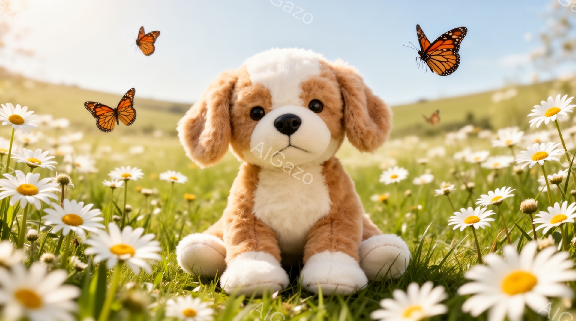 明るい日差しの中で、かわいらしい子犬が白い花畑の中に座っています。子犬は茶色と白の毛並みで、穏やかな表情をしています。周りには蝶が舞い、平和で牧歌的な雰囲気です。 - AI生成フリー素材