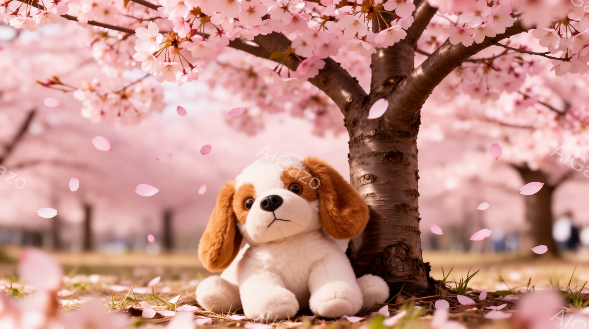 白い毛並みで茶色い耳を持つ犬のぬいぐるみは、桜の木の下に座っています。周りには桜の花びらが舞い散り、春の穏やかな雰囲気を醸し出しています。背景は桜並木で、全体的に優しいピンク色に包まれています。 - AI生成フリー素材